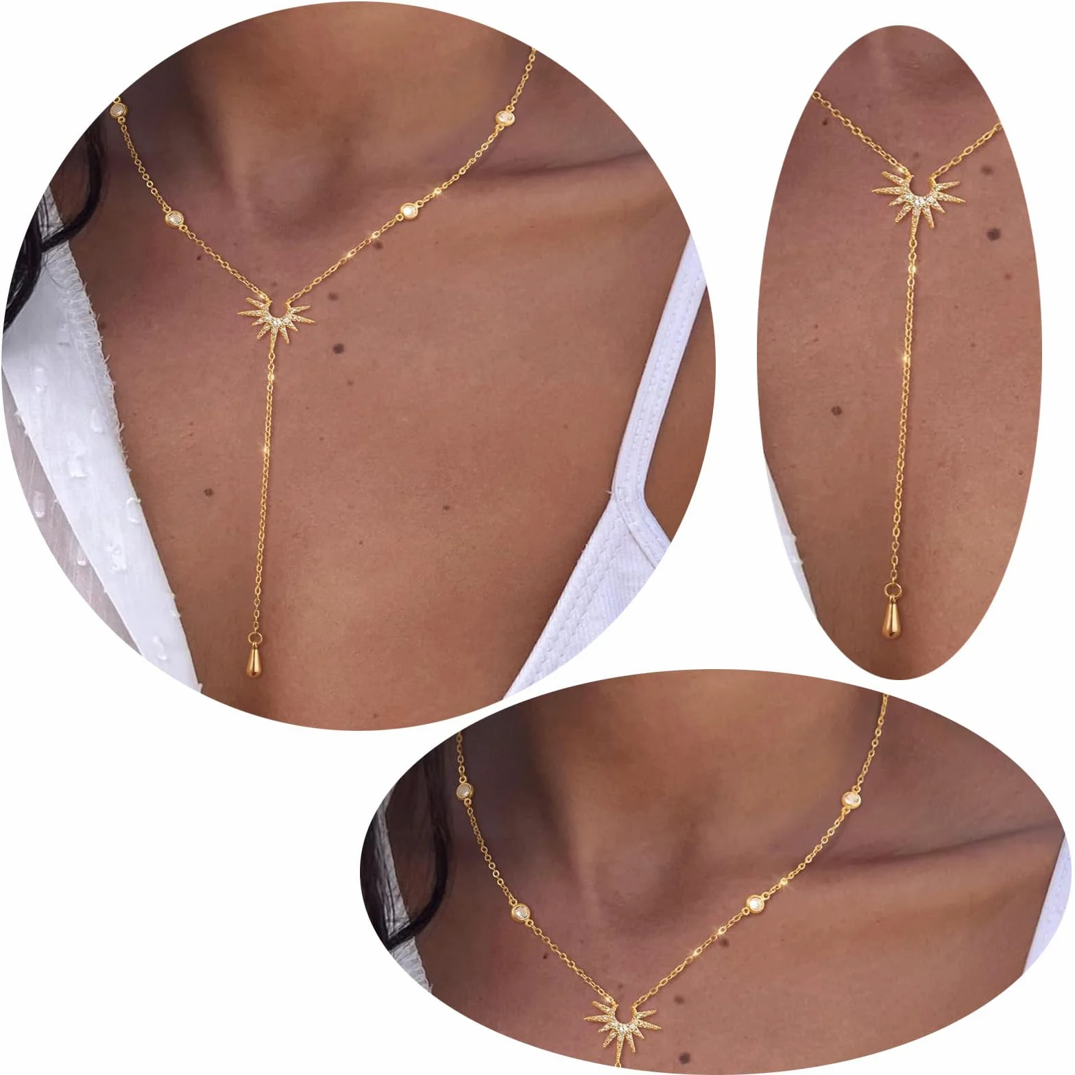 Chaîne longue en Y or 14 carats collier multi-rangs pendentif soleil pour femmes