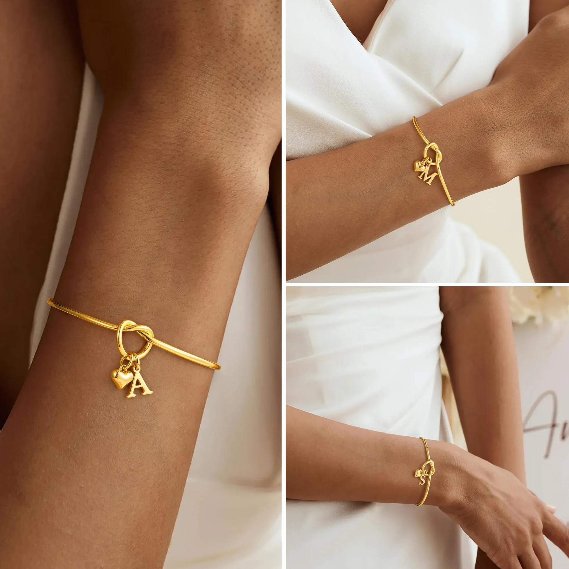 TINGN Bracelet avec initiale en or pour femme plaqué or 14 carats cœur personnalisé nœud d'amour