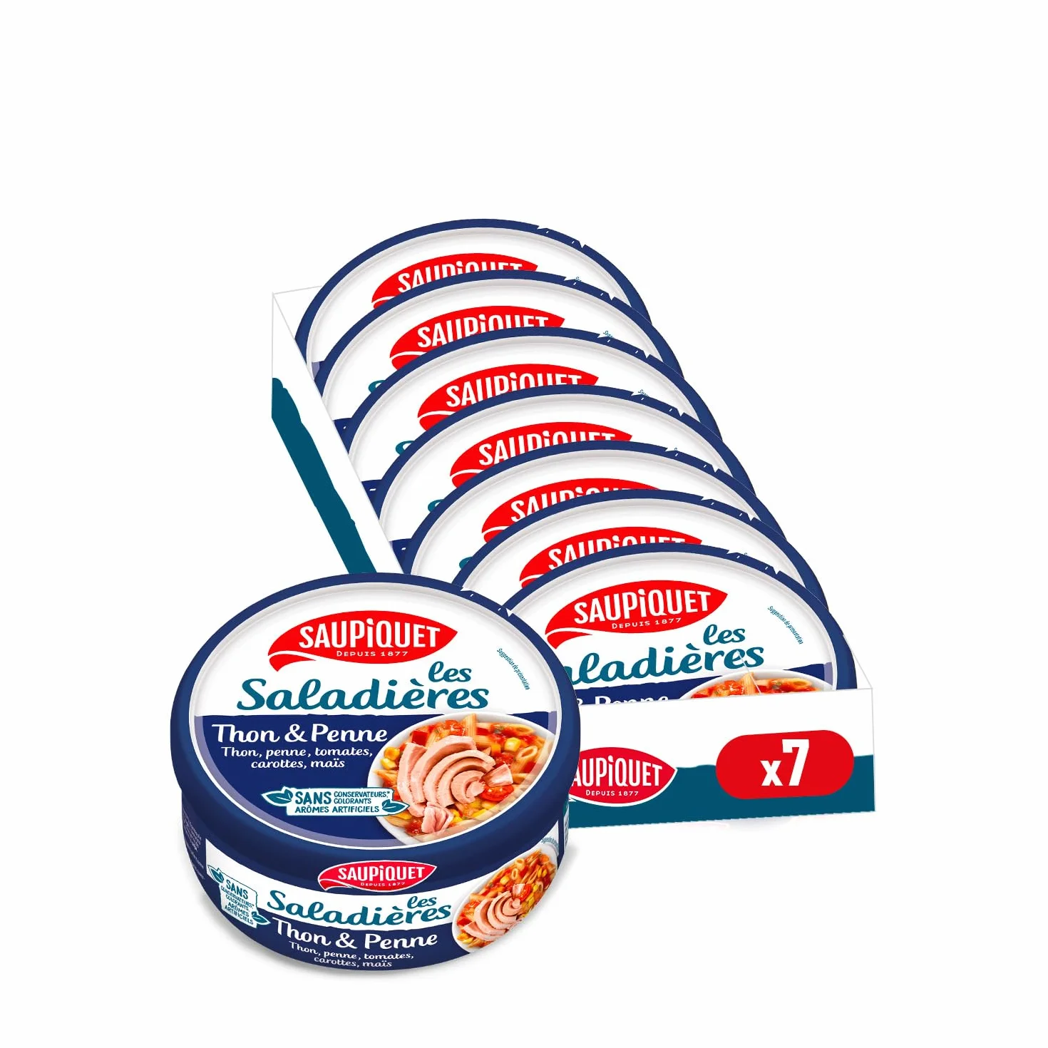 SAUPIQUET - Saladières Thon Penne - Salade Préparée Prête à Consommer - Conservation Température Ambiante - Idéale Pique-Nique - Poisson Issu Pêche Traçabilité Garantie - 7 Conserves (220 g)