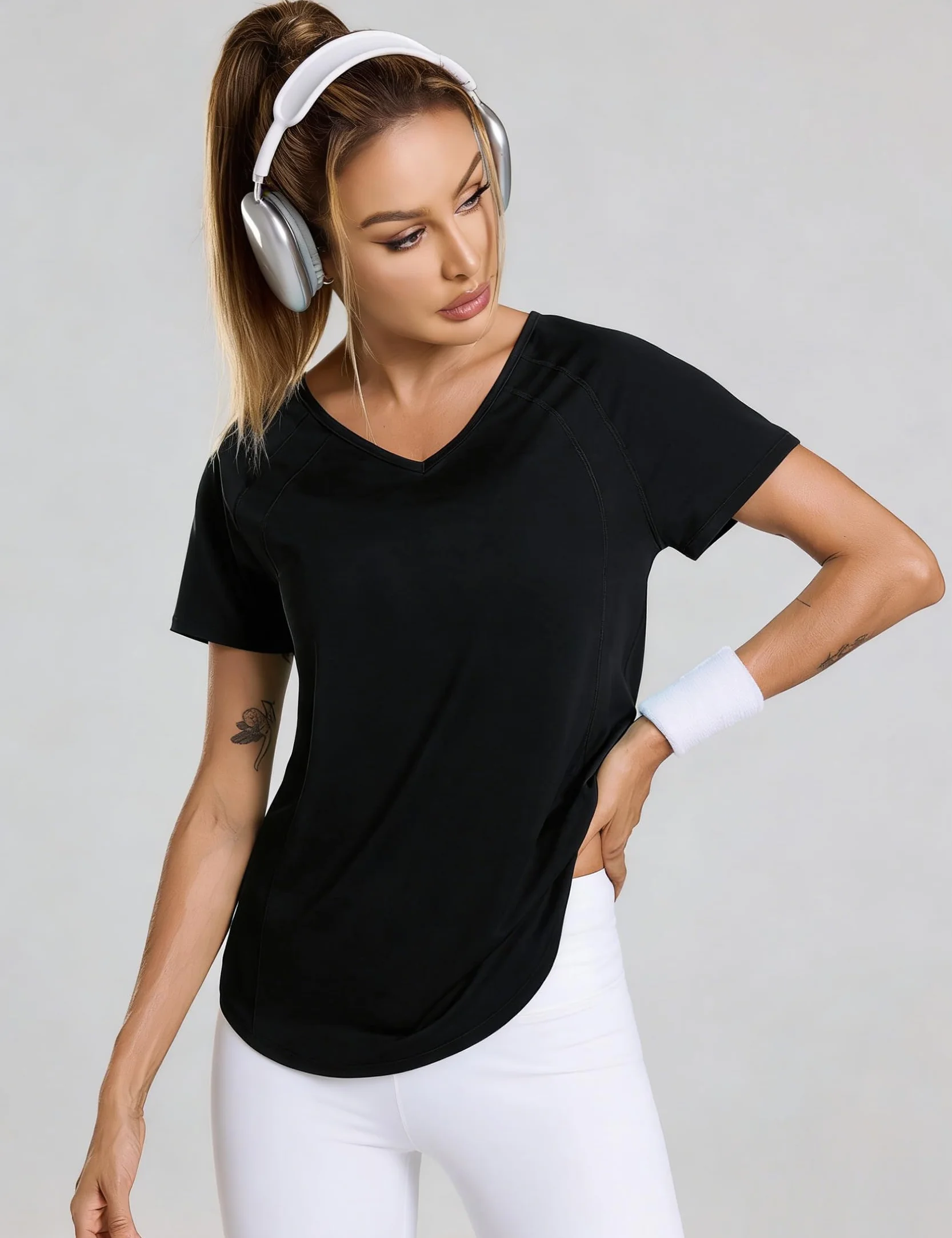 Tee Shirt Sport Femme Manches Courtes Col V Séchage Rapide Haut Yoga Running Fitness Pilates S-3XL