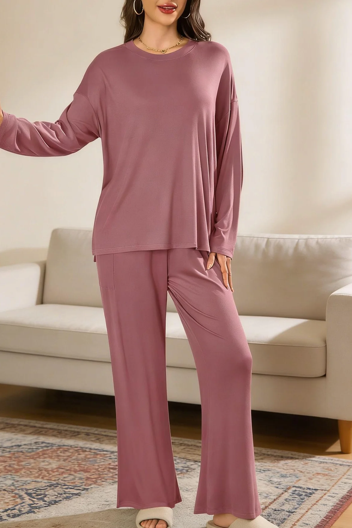 Ensemble Survêtement Femme 2 Pièces Loungewear Pyjama Manche Longue Pantalon Tenue Décontracté avec Poches Hiver