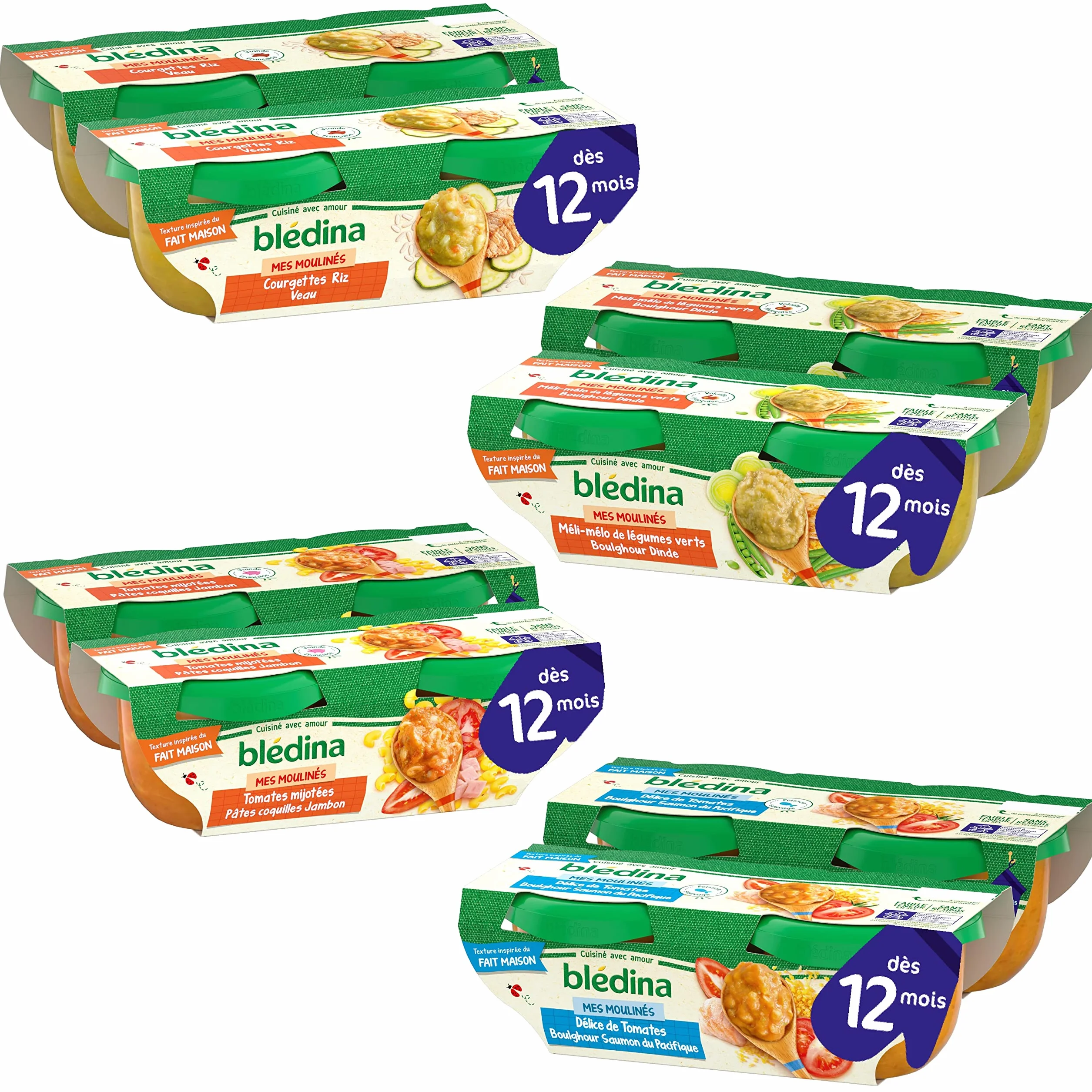 Blédina - Mes Moulinés - Repas bébé - 16 bols avec 4 Recettes inspirées du Fait Maison - Dès 12 Mois - Faible teneur en sel - 16x200g, Multicolore