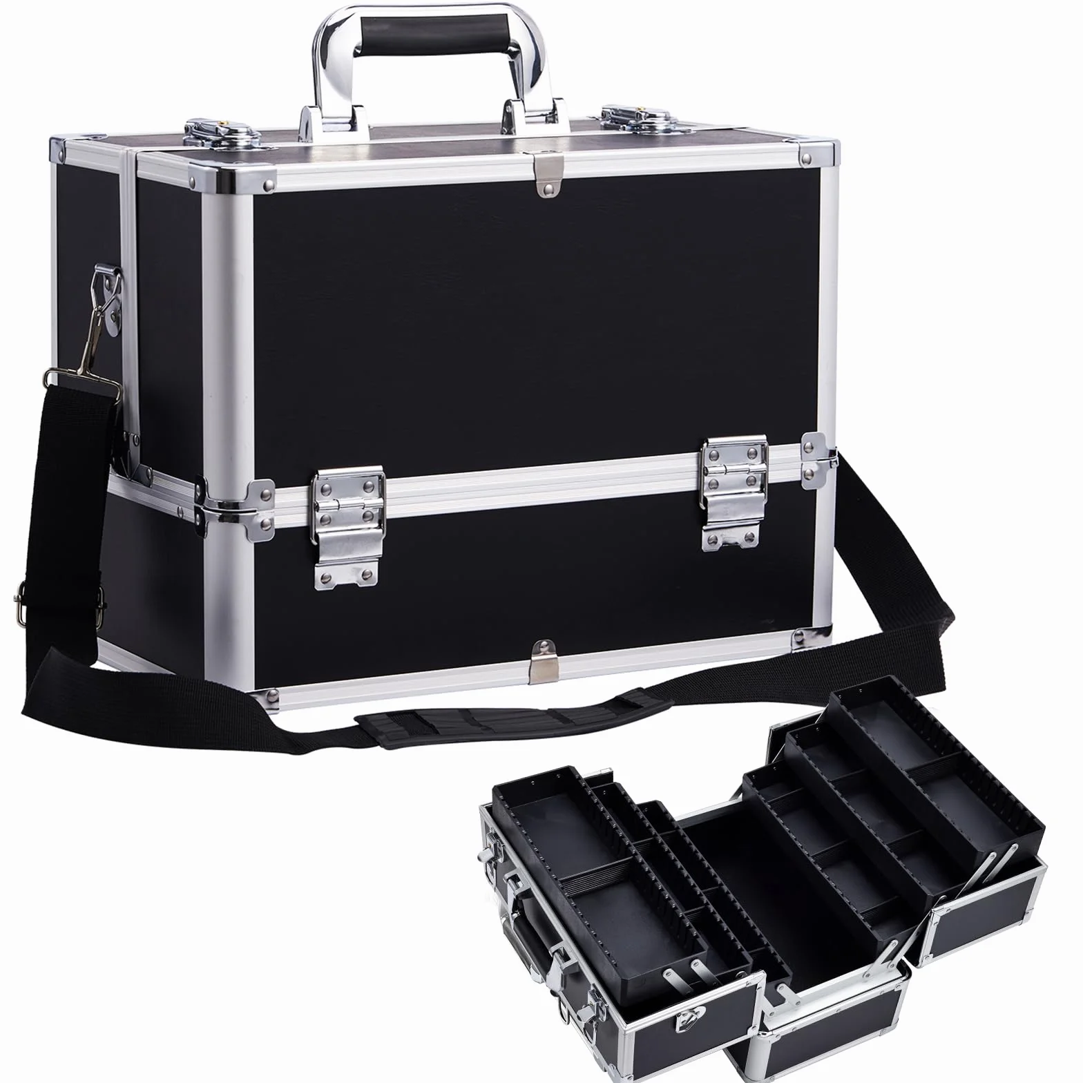 Joligrace Mallette à Maquillage Coffre de Rangement Vanité Boîte Cosmétiques Valise Professionnelle avec Bretelle et Clé, Noir