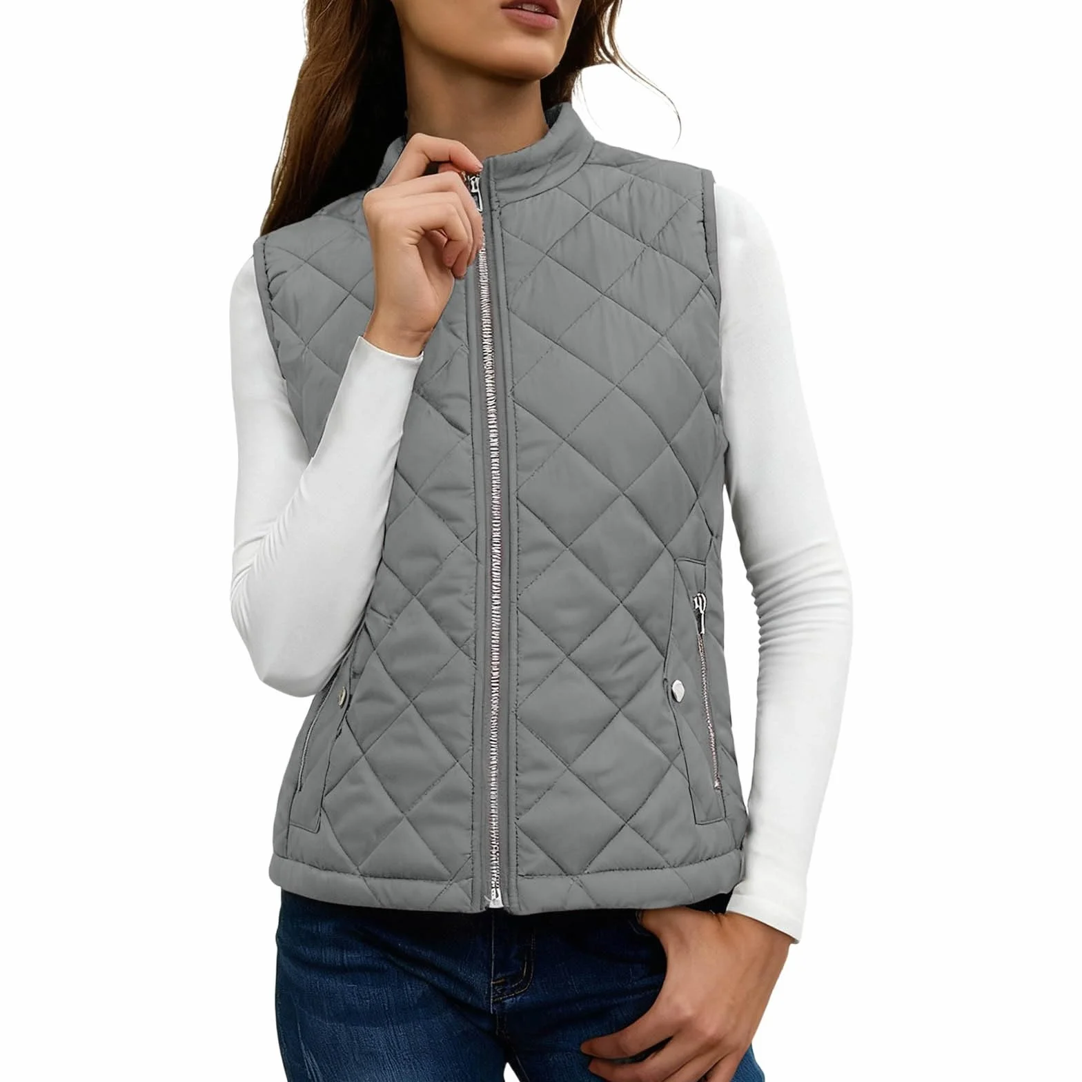 Gilet matelassé pour femme avec poches zippées col montant veste légère rembourrée sans manches coupe ajustée