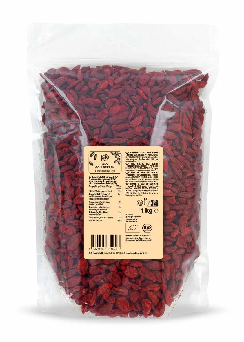 KoRo Baies de Goji Bio 1 kg – Super-aliment Naturel, Séchées Sans Additifs, Riches en Fibres et Protéines, Idéales pour Mueslis, Salades et Recettes