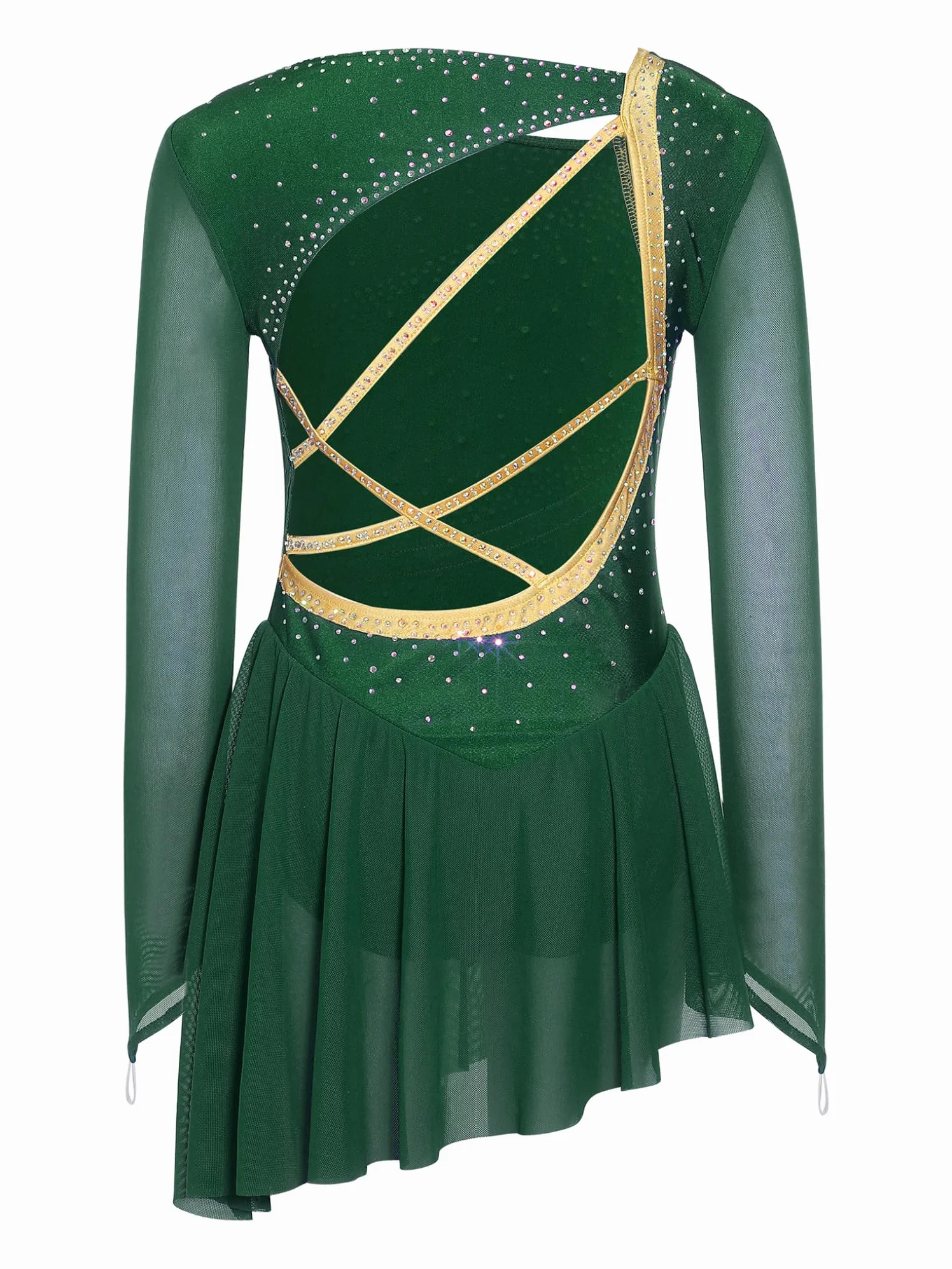Tenue Patinage Artistique Fille Enfant Ado Robe Manches Longues Strass Justaucorps Asymétrique Danse Costume