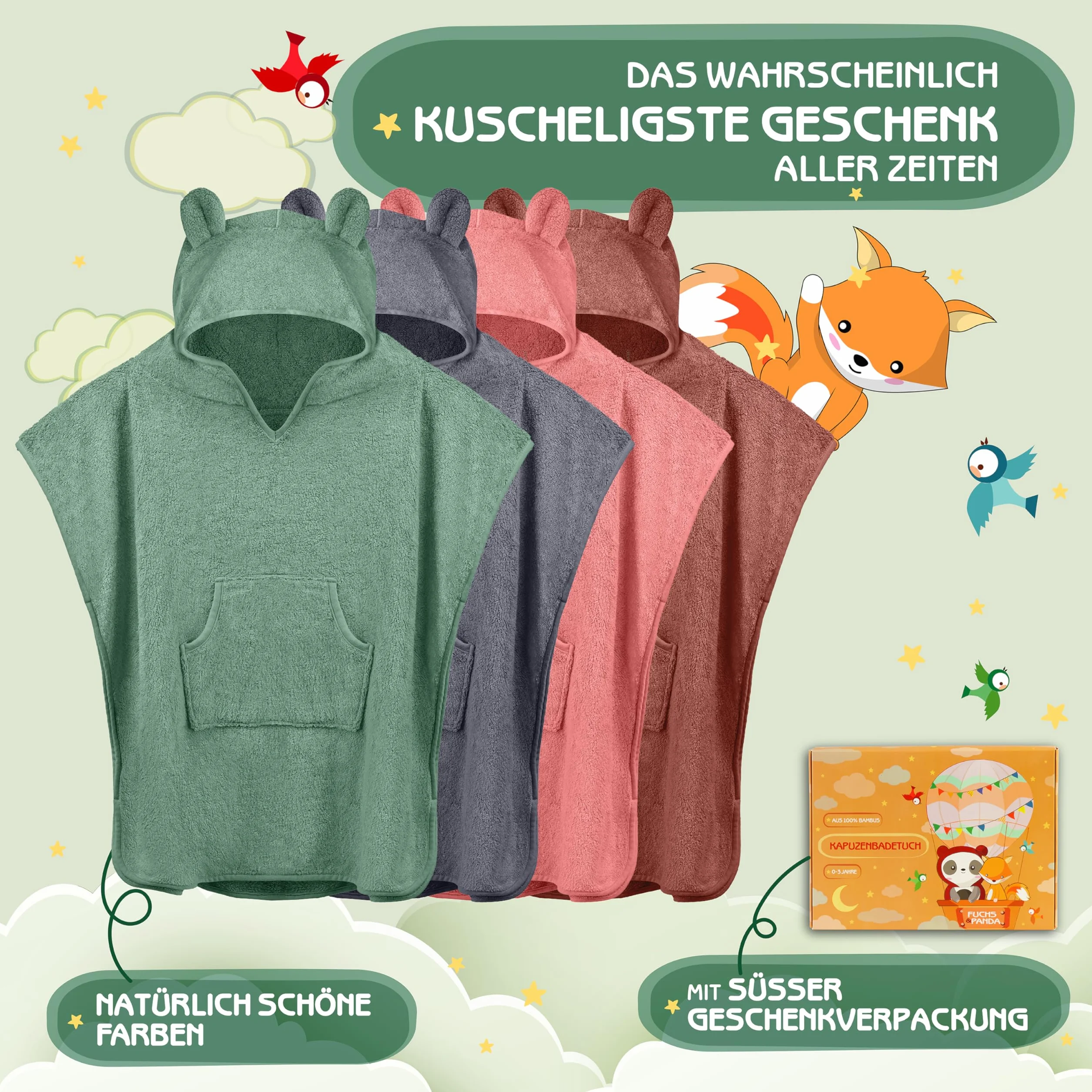 Poncho de bain pour enfants Fuchs&Panda 100% bambou extra chaud et doux Rame-Vert