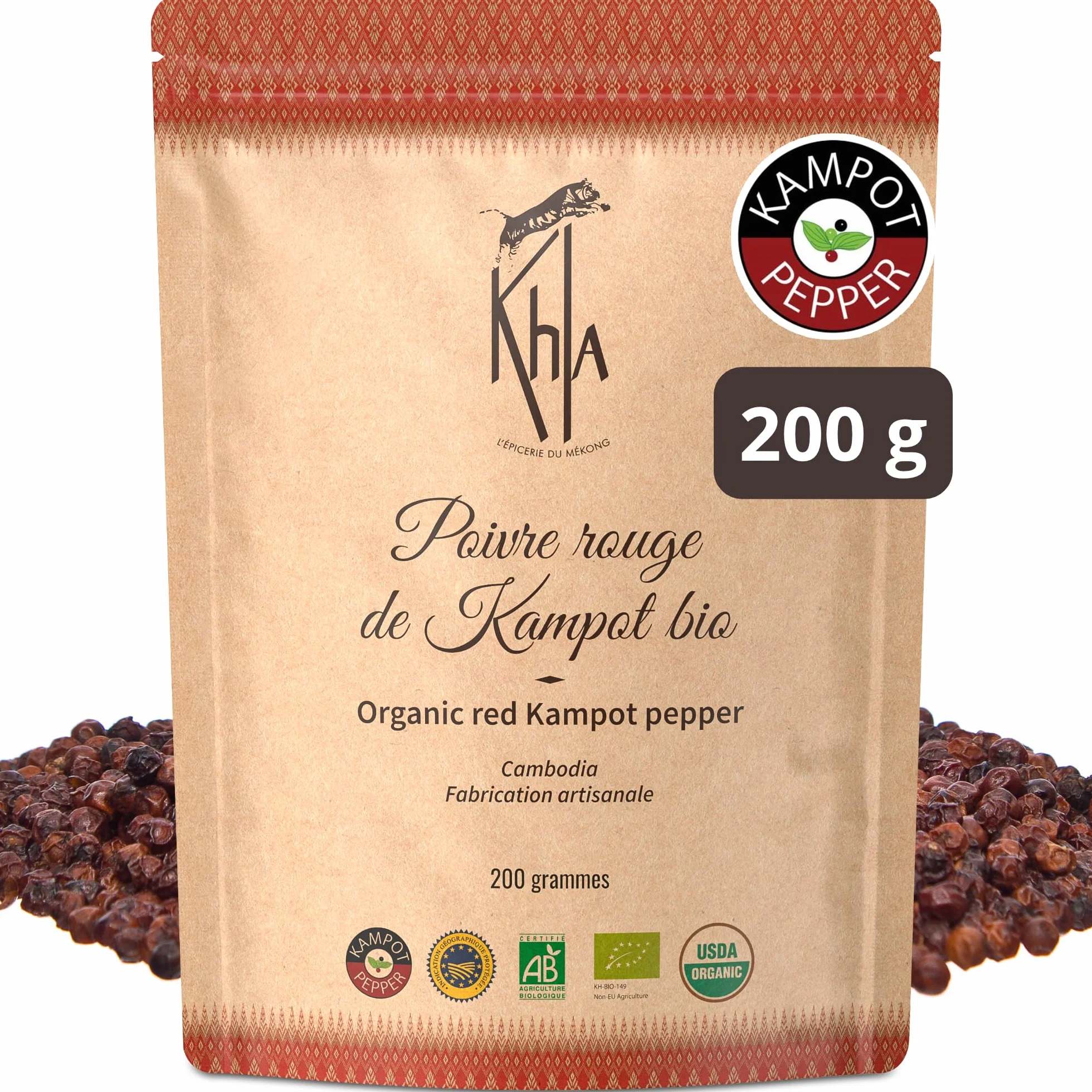 Khla - Poivre Rouge de Kampot Certifié Bio 200 g - Sachet Poivre en Grains Biologique - Grand Cru, Doux & Fruité - Ingrédient Cuisine - Direct Producteur - Épice Asie - Origine Cambodge