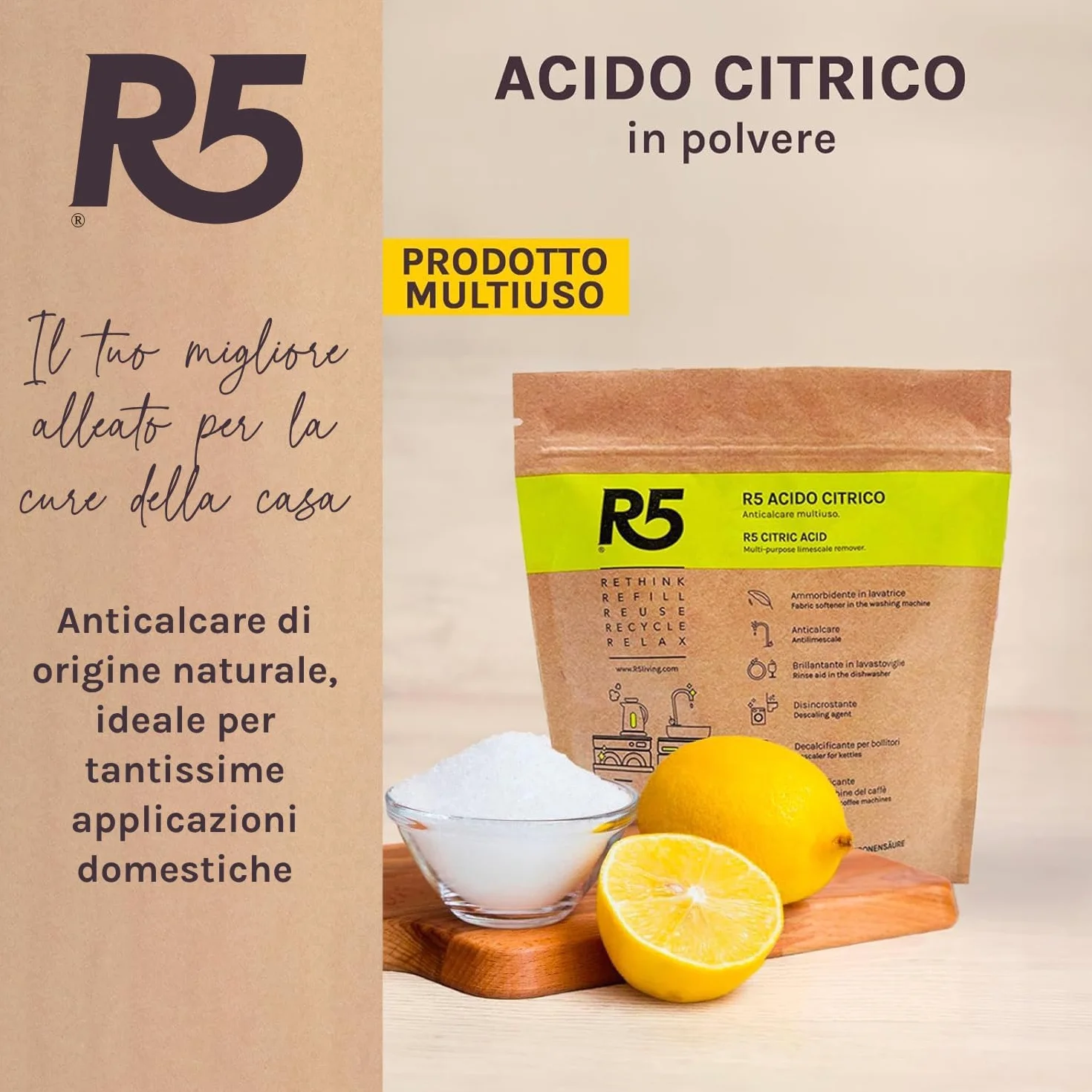 R5, Acide Citrique en Poudre, 1 kg, Détartrant Multi-usages, Détartrant, Produit de Rinçage et Adoucissant, Sans Odeur, Certifié Plastique Négatif, 2 Paquets de 500 g