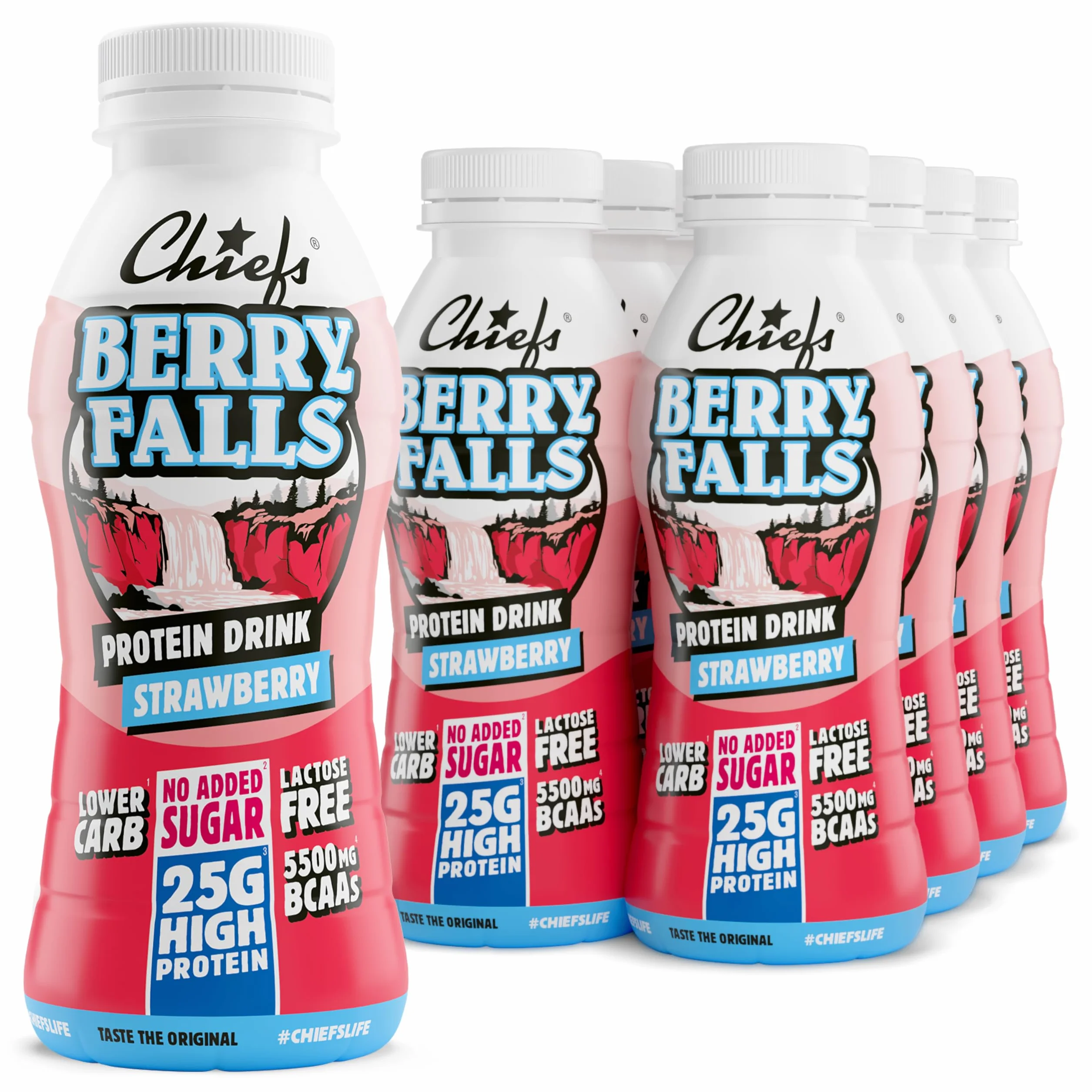 Chiefs® Milk Protein Drink avec 25 g de protéines et BCAA • Shake riche en protéines et faible en glucides, sans lactose et sans sucres ajoutés • 8 x 330 ml (Berry Falls)