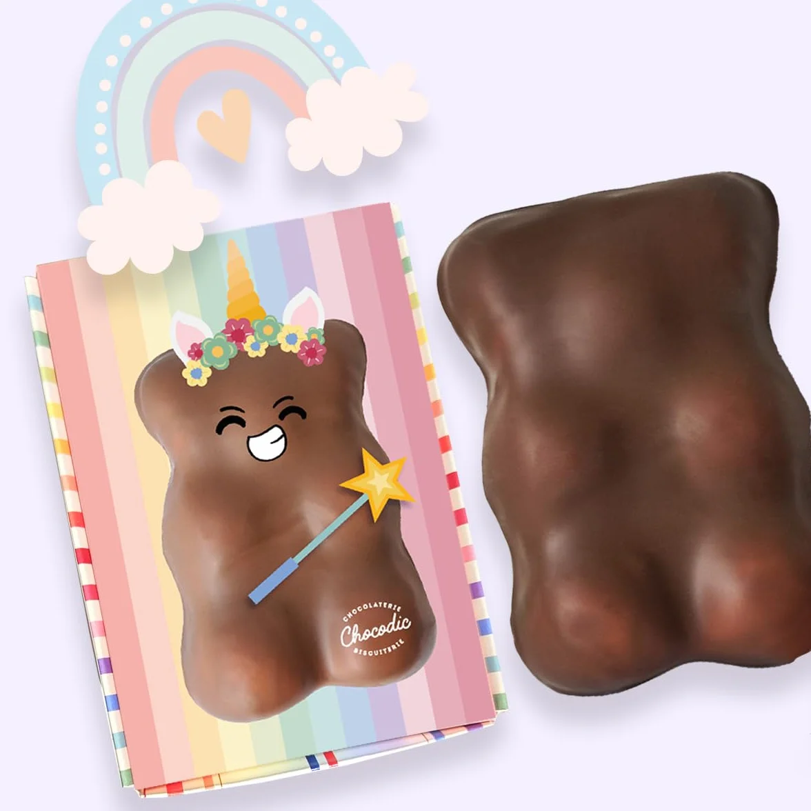 Ourson Guimauve XL | Guimauve Vanille enrobé de Chocolat Lait ou Noir | Anniversaire Remerciement Fête des Pères Plaisir d'offrir Saint Valentin Fête des Mères Pâques Noël (Licorne, Chocolat Lait)