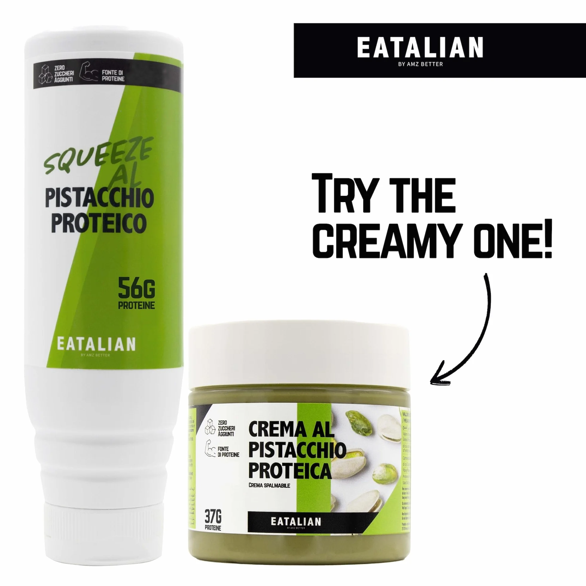 EATALIAN by AMZ BETTER Topping Protéiné au Goût de Pistache, Crème Sucrée Protéinée en Squeezer de 300 gr, Made in Italy, Sauce Pistache Idéale pour Décorer Glaces, Desserts et Dubai Chocolate
