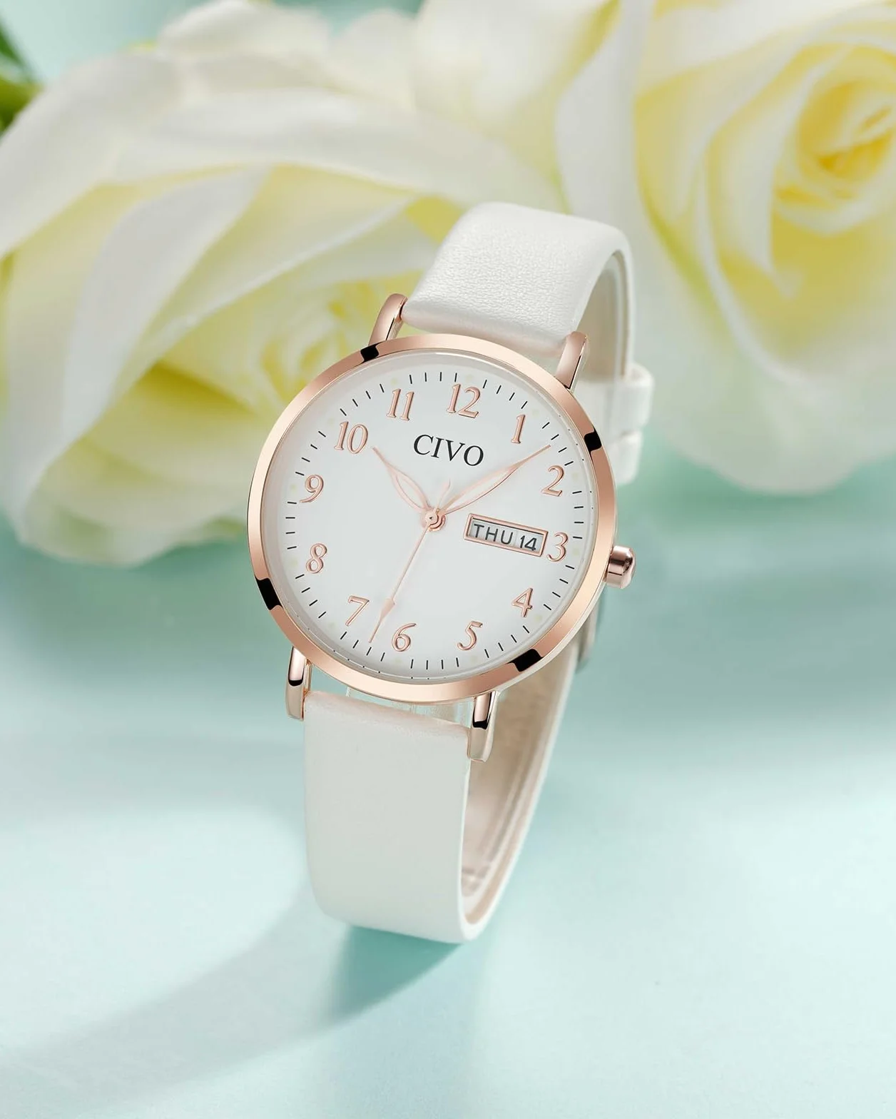 CIVO Montre Femme Analogique 35mm Cadran Clair Grands Chiffres Aiguilles Lumineuses Date Jour Bracelet Cuir