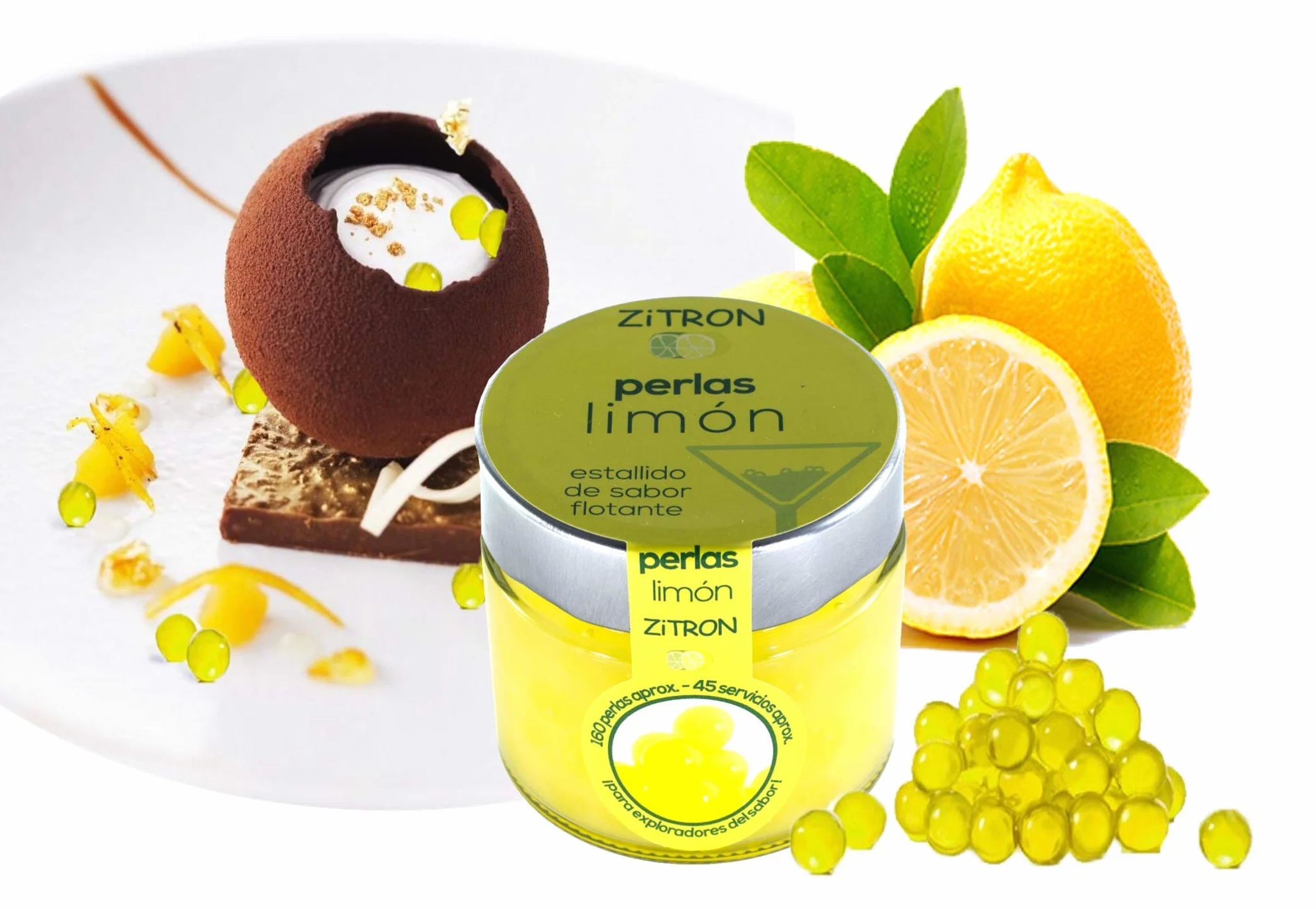 Perles de cocktail au citron. Concentré de fruits en perles pour cocktail / décoration / tapas / salades / Noël / boissons. Sphères de zitron de haute qualité. Bocal de 180gr, 160-180 sphères.