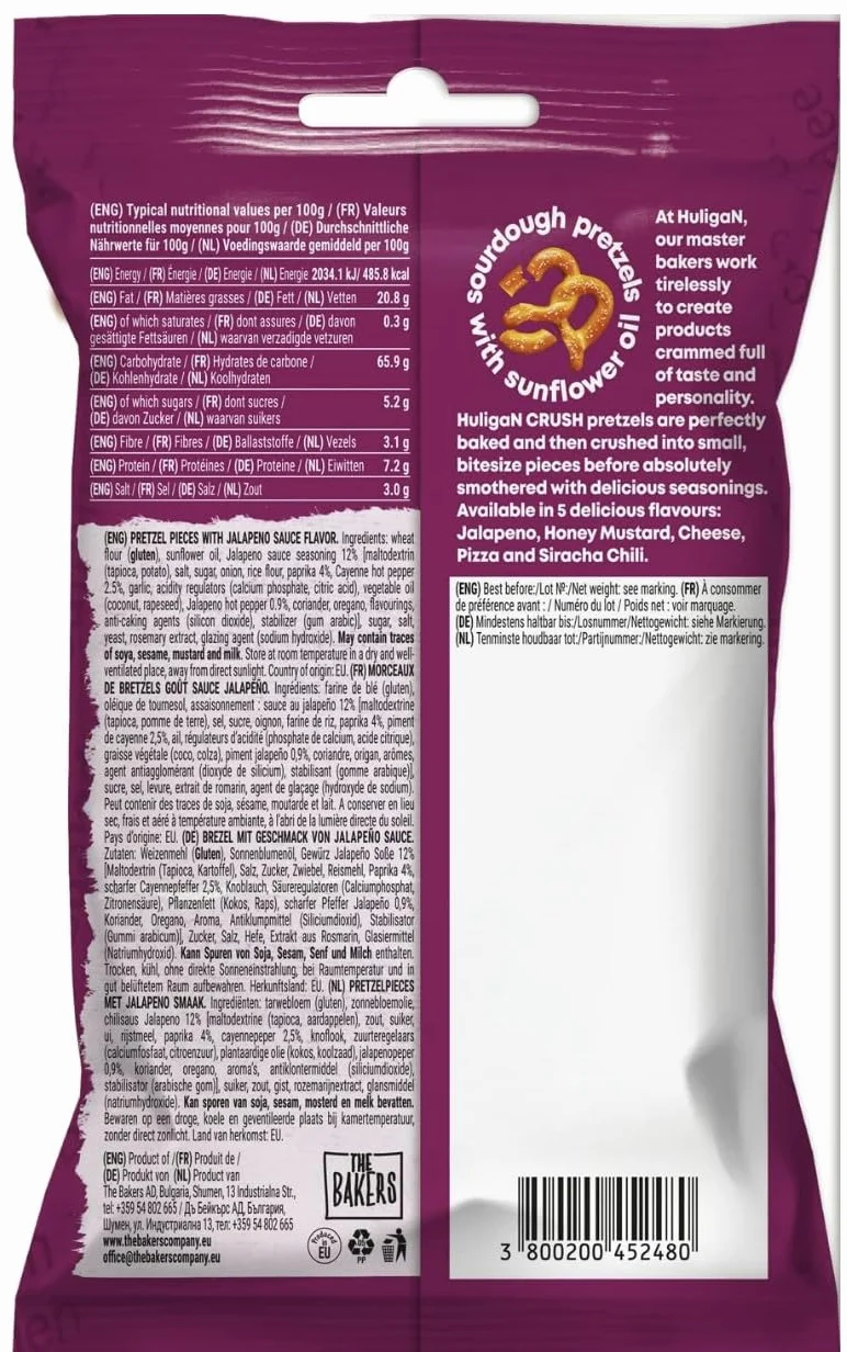 Huligan Jalapeno Bretzels Crush (lot de 18 x 65 g) – Boîtes à goûter végétariennes saines au four (lot de 18)