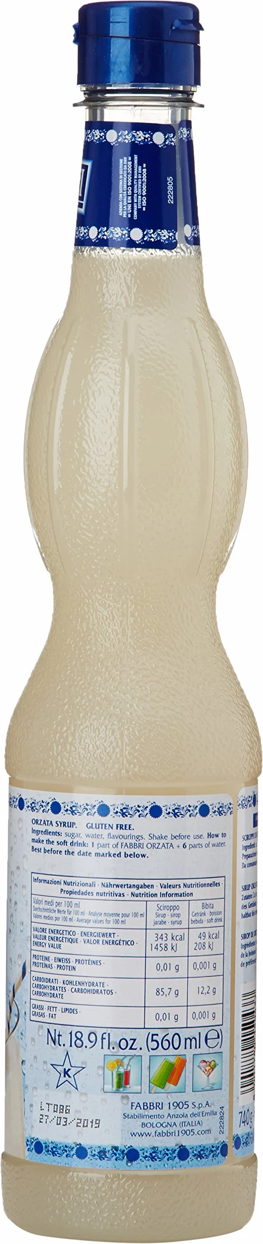 Fabbri Sirop d’Orgeat 560 ml – Saveur amande, sans gluten, bouteille refermable – Idéal boissons et granités