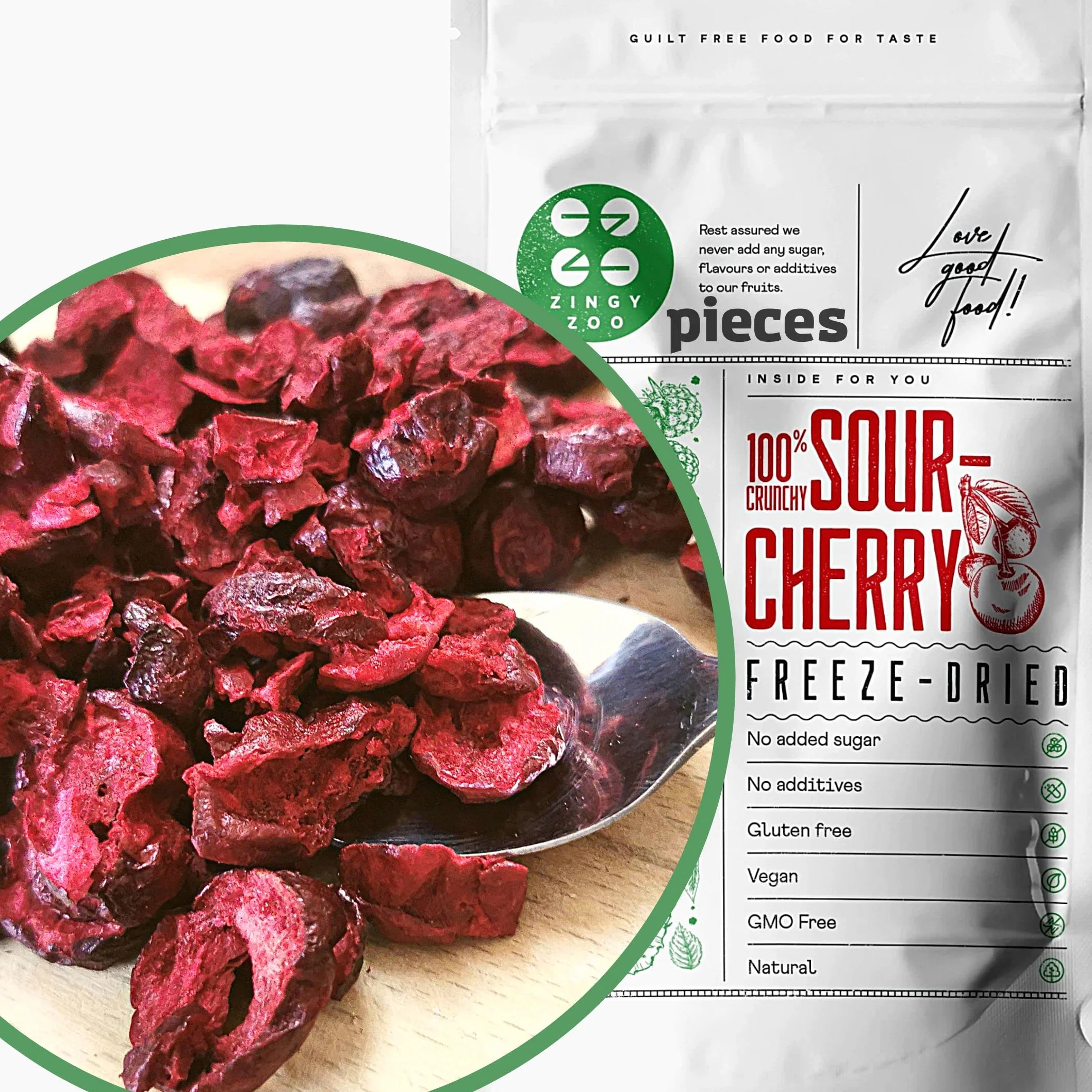 Griotte Lyophilisée en Morceaux | 100% Naturel Fruits Seche Cerise Aigre Lyophilisée | Freeze Dried Fruit Sour Cherry | Gefriergetrocknete Sauerkirschstück | Cerises Lyophilisées Griottes ZingyZoo