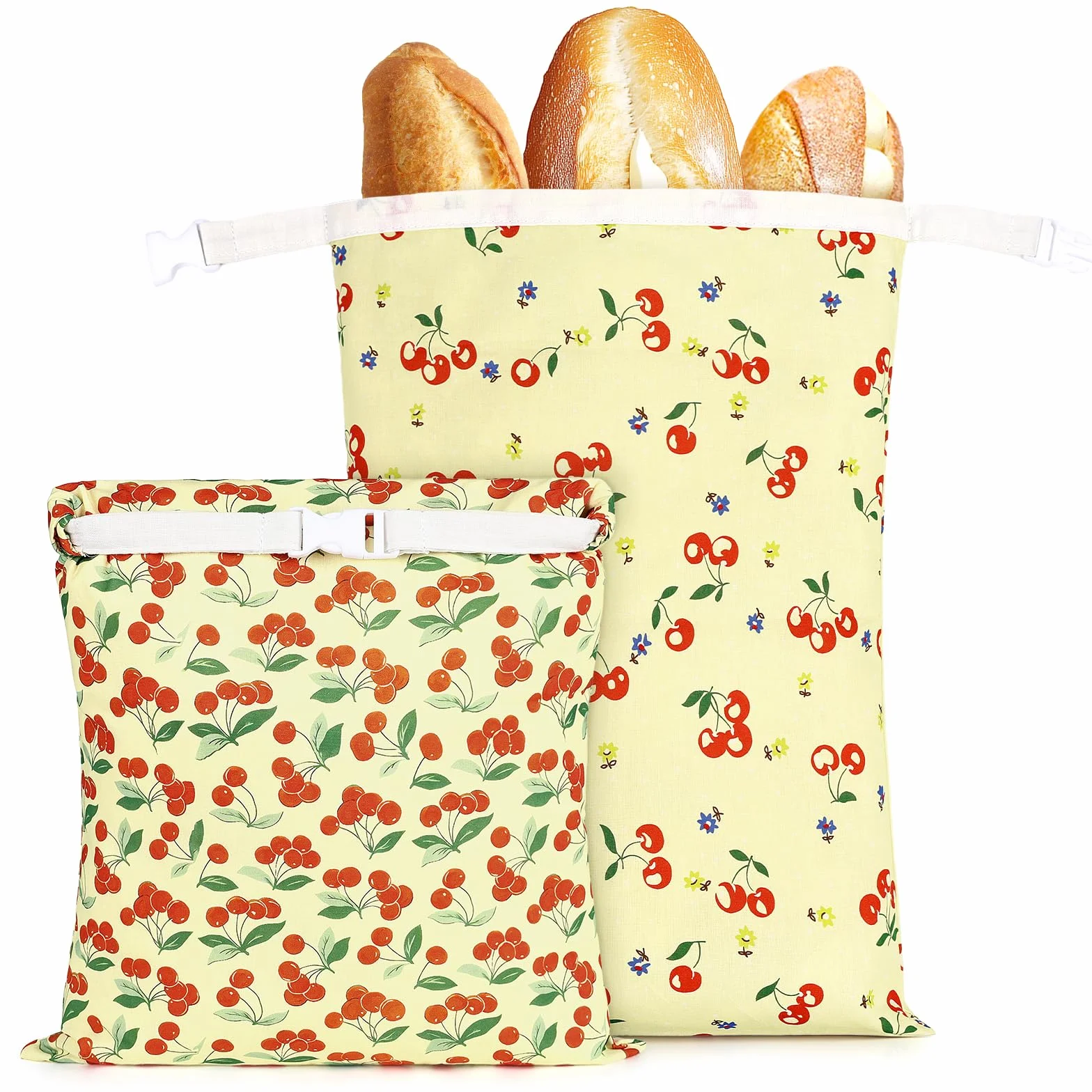 2 Pcs Sacs a Pain Tissu Réutilisables en Polyester avec Doublure en Cire d'abeille Sac à Pain pour Conserver le Pains Beeswax Bread Bag Conservation Croissant Baguette Fruits Légumes-43*30cm(Cerises)