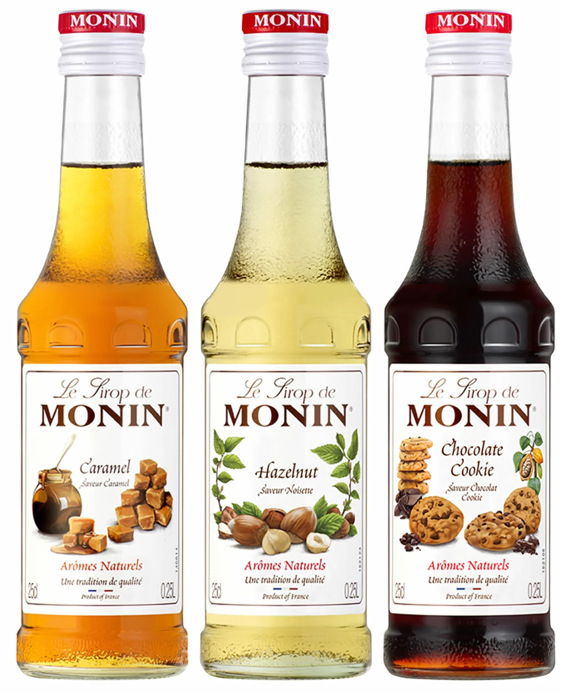 MONIN - Coffret Sirop MONIN Pour Café Saveurs Noisette/Caramel/Chocolat Cookie - Pour Café, Chocolat Chaud, Capuccino ou Latte - Arômes Naturels - Bouteille en Verre - 3 x 25 cl