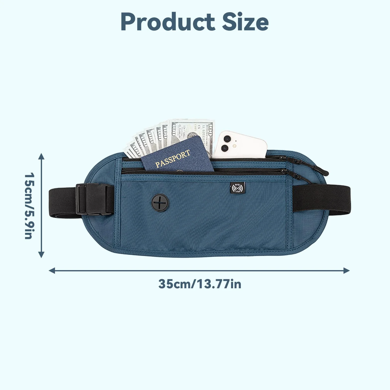 Ceinture de Voyage Sac Banane Antivol Caché Plat Réglable Homme Femme Passeport Smartphone Cartes Monnaie Clés Bleu Foncé