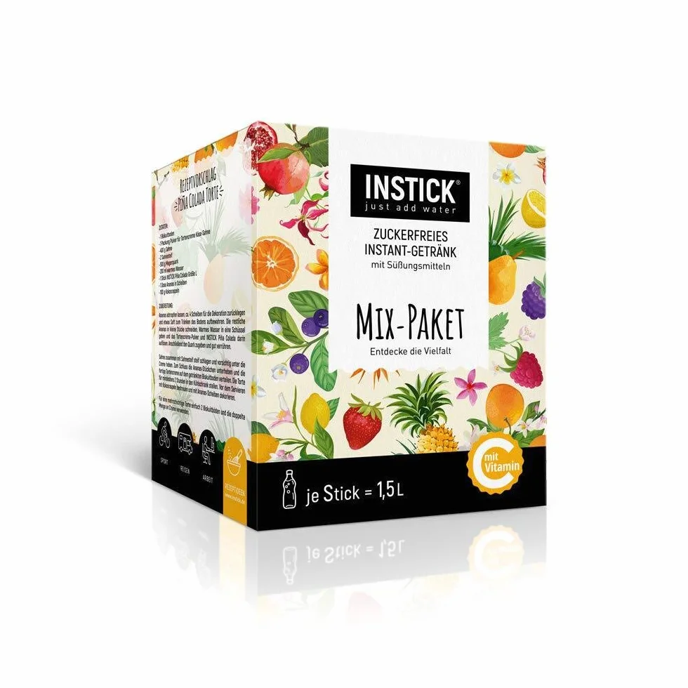 INSTICK Boisson instantanée sans sucre | paquet mix de 46 chacun pour 1,5-2,5L | différentes sortes | boisson en poudre - végétalienne, faible en calories, avec vitamine C, poudre pour eau