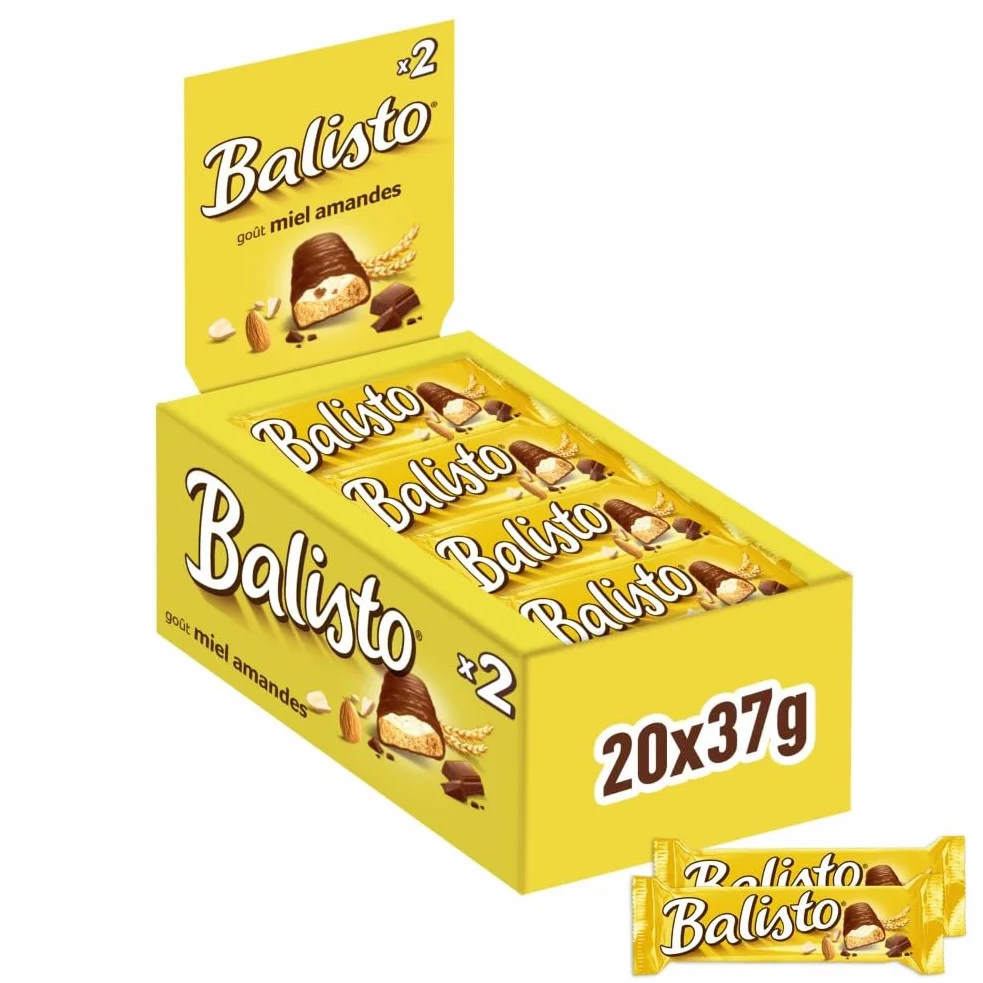BALISTO - Barre Biscuit Céréales et Chocolat au Lait - 20 x 37g - Goût Miel & Amande - Boite de Barres Chocolatées - Grand Format - 740g