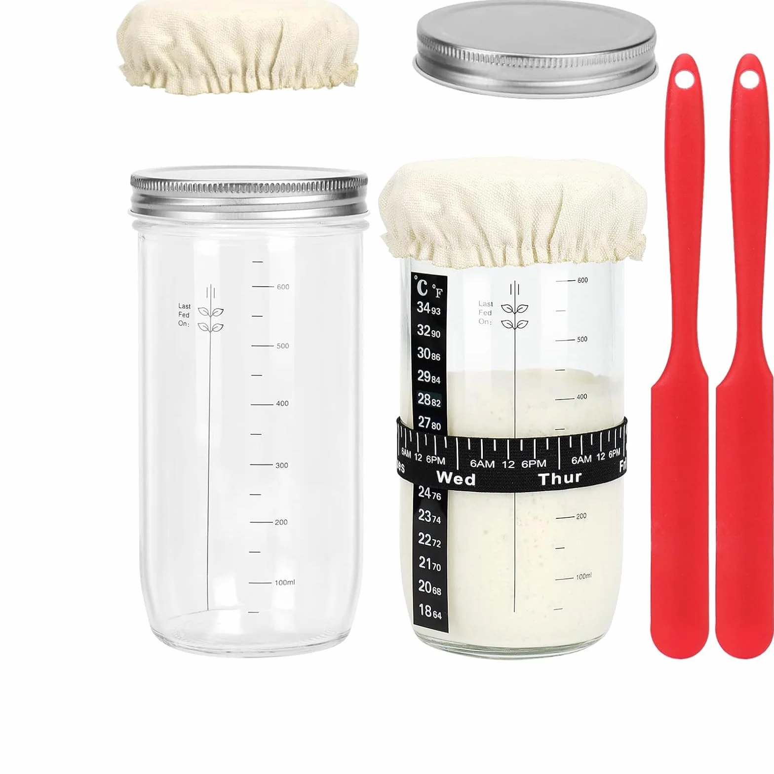 WOPPLXY 2 Pièces Kit Levain, 730 ML Bocal de Démarrage pour Levain, Kit de Démarrage au Levains avec Ruban d'alimentation Datte, Thermomètre, Couvercle, Spatule en Silicone