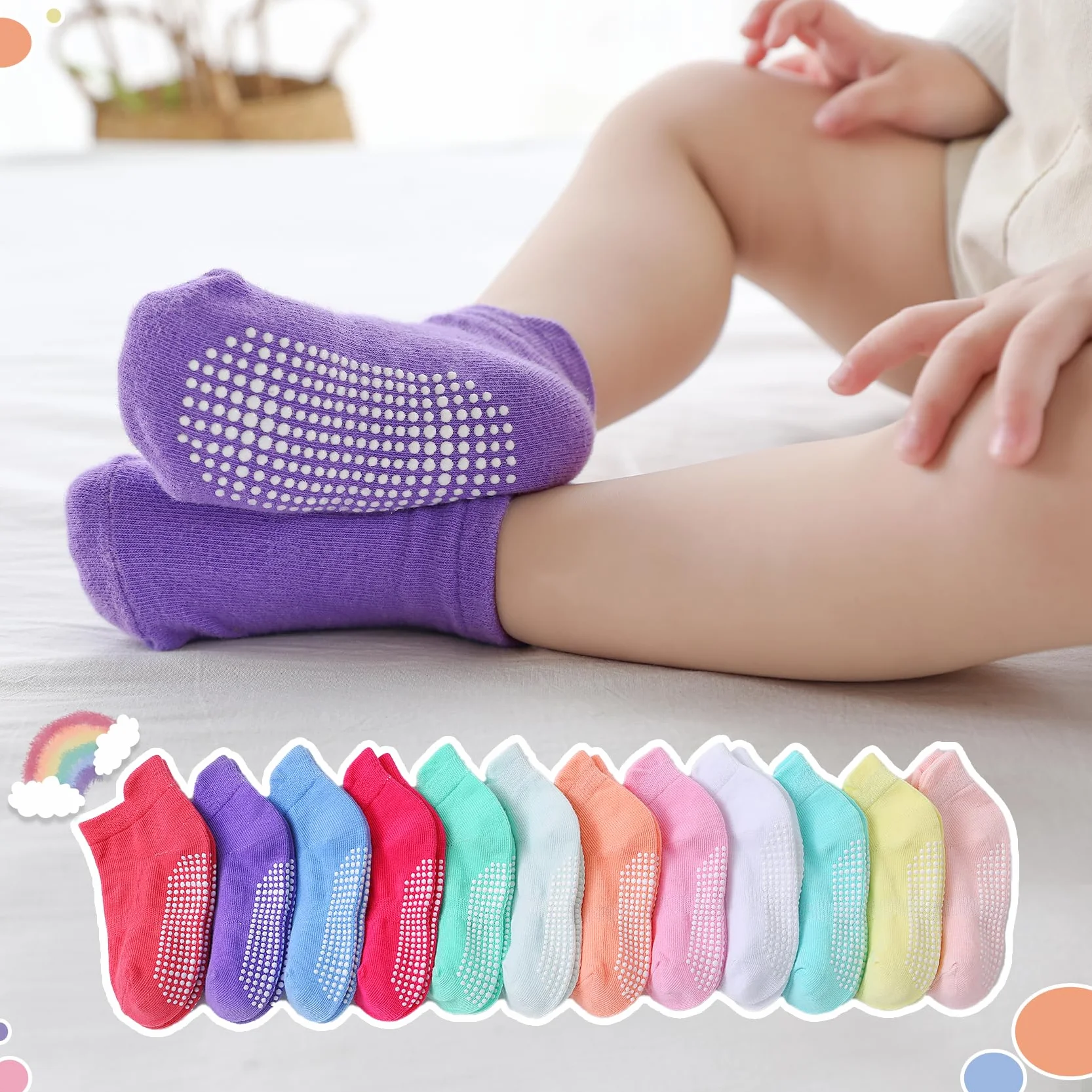 Chaussettes Anti-Dérapantes en Coton pour Bébés - 12 Paires