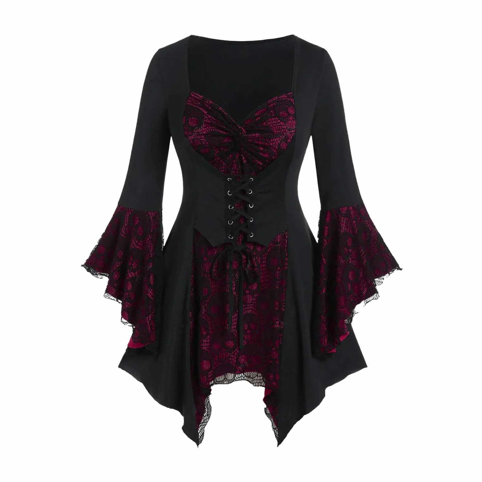 Robe médiévale femme Renaissance gothique dentelle noir manches trompette taille smockée fête