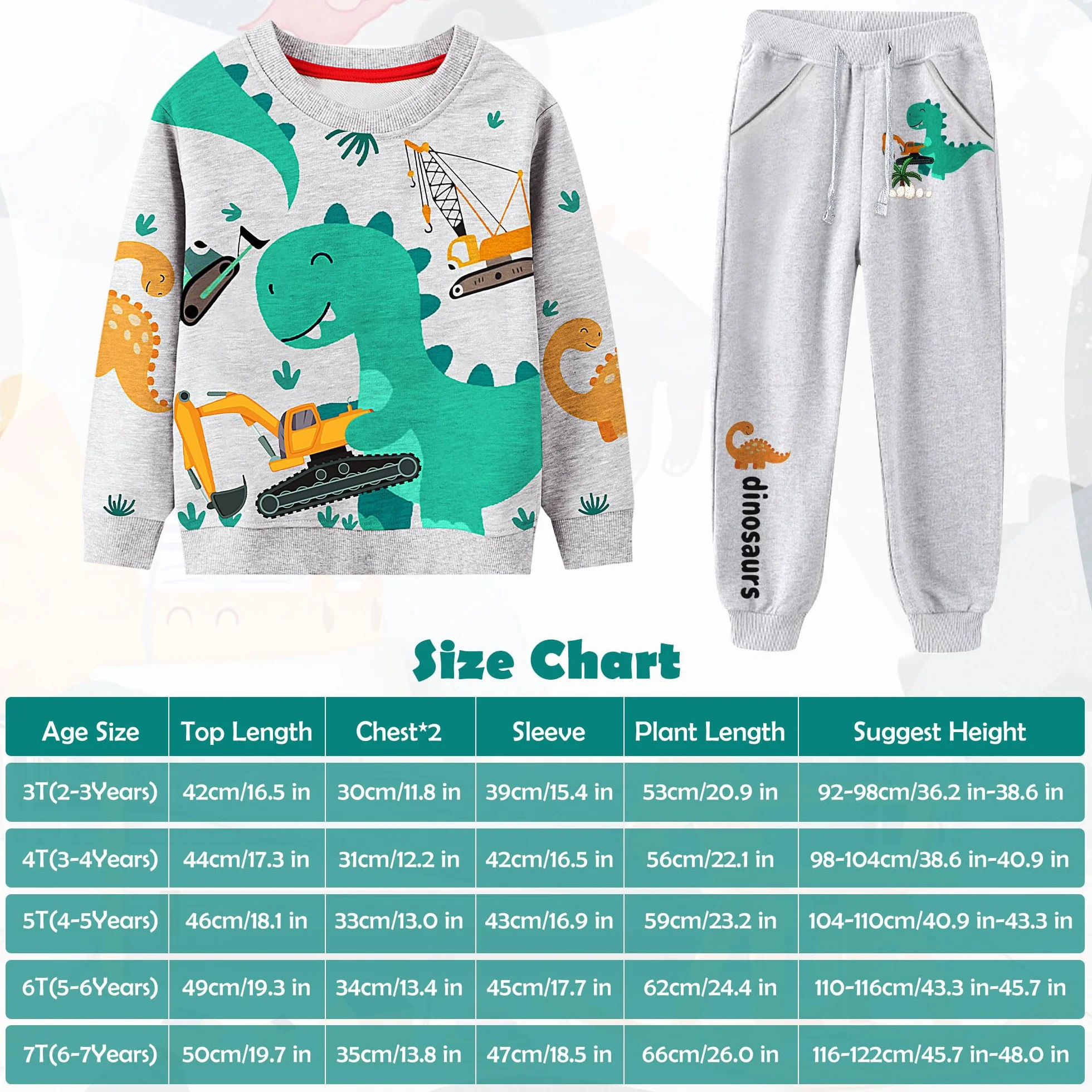 Ensembles Survêtements Dinosaure Imprimé Coton Jogging Pantalons et Haut Pullover pour Garçon 2-7 Ans