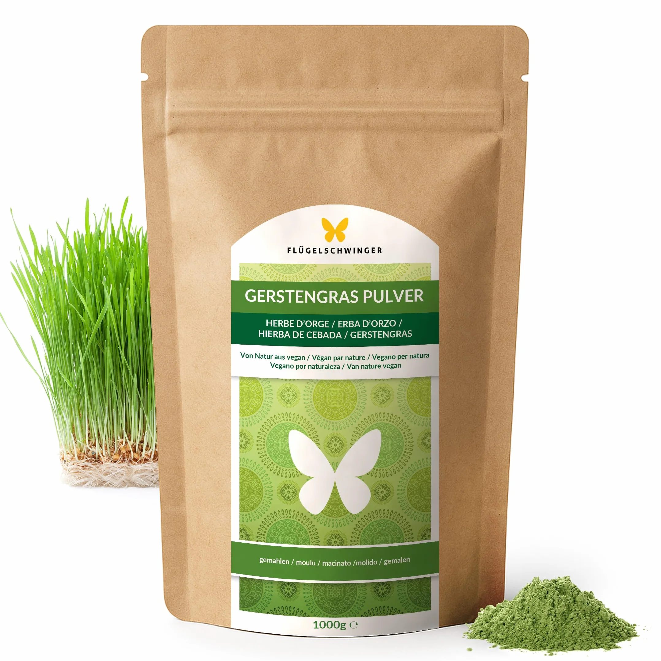 1kg de poudre d'herbe d'orge issue de jeunes herbes, sans additifs, qualité crue, traitement doux à basse température (1000g)