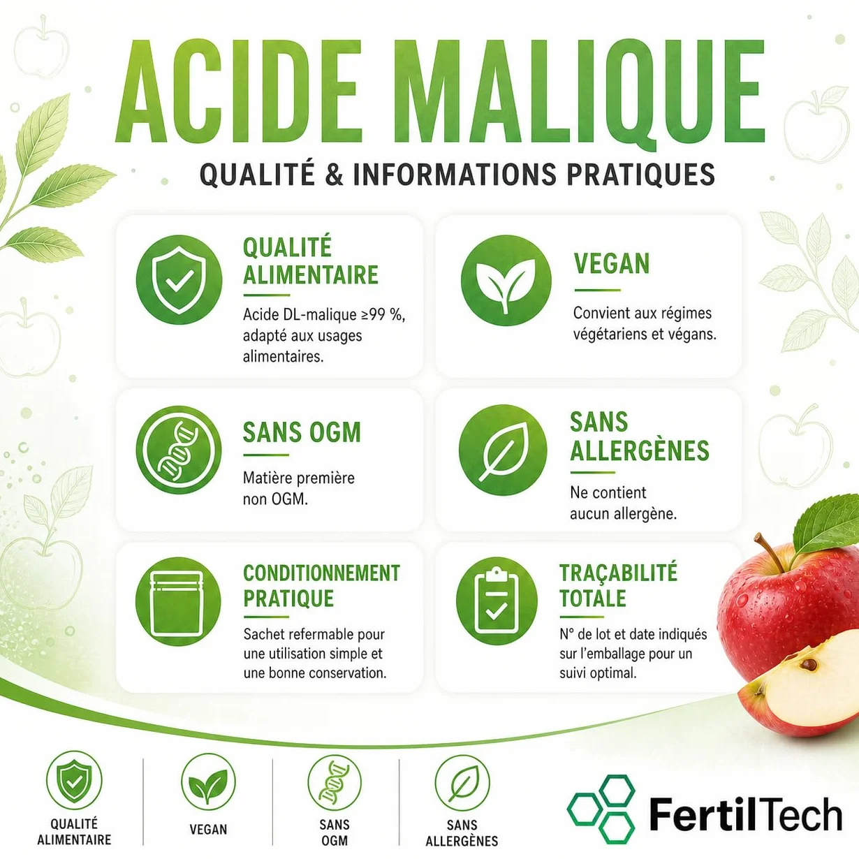 FertilTech Acide Malique Alimentaire 750 g Acidifiant Naturel Qualité Alimentaire Pour Boissons Confiseries et Pâtisseries Goût Acidulé Fruité Convient aux Recettes Maison Formule Vegan