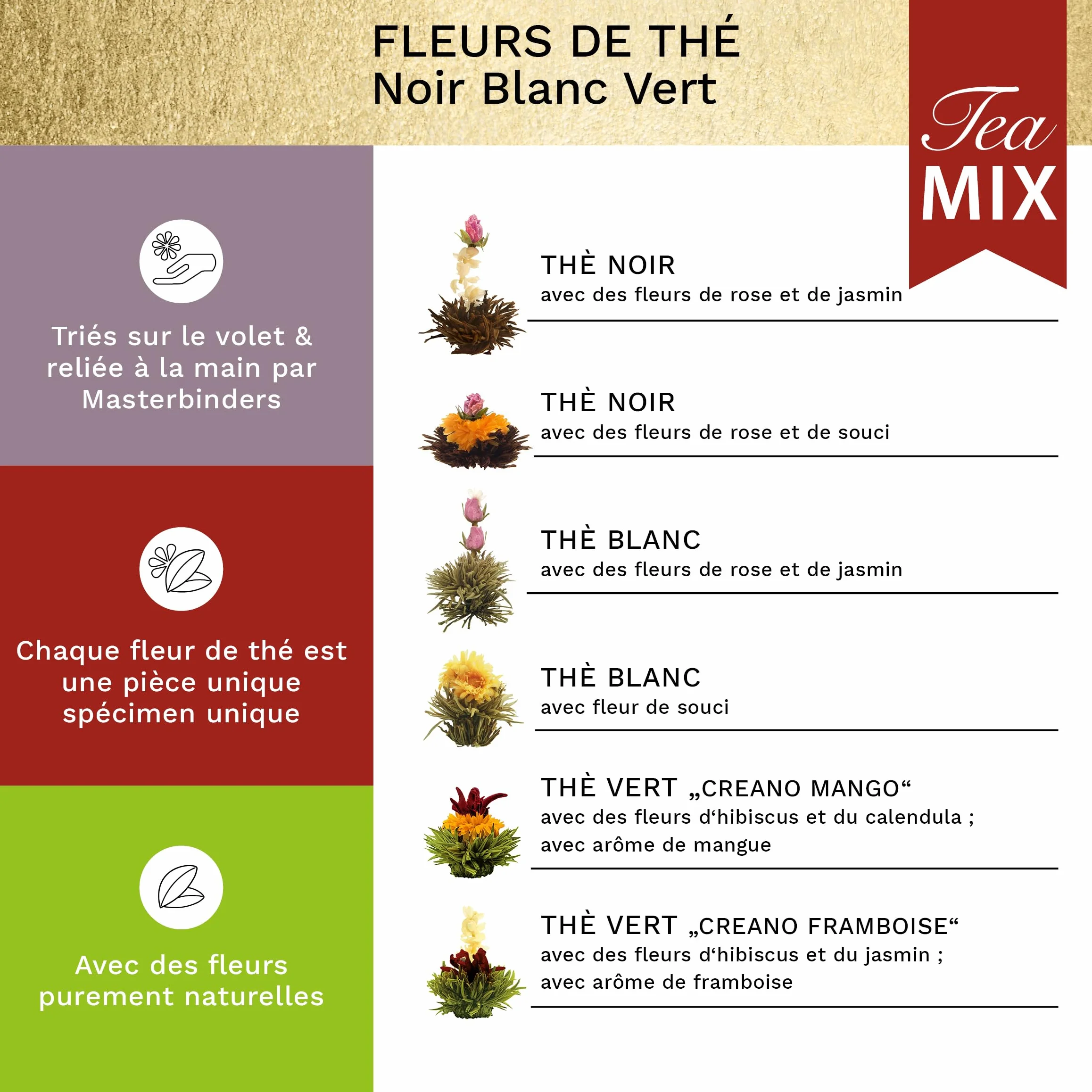 Creano Coffret Cadeau d'Or Fleurs de Thé Mix 6 pcs – Théière en Verre 500ml sans goutte – Thé Blanc, Vert & Noir – Idée Cadeau Femme, Maman, Anniversaire