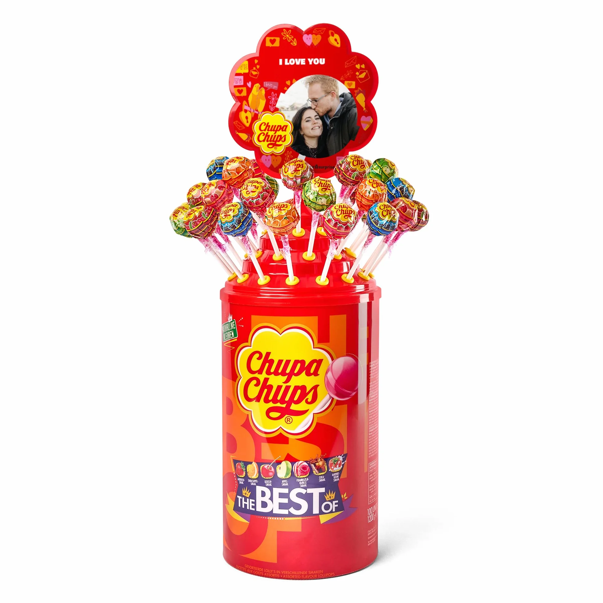 Chupa Chups Roue Personnalisée avec Photo - Manège de 100 Sucettes avec 7 Goûts différents (Tour - 100 sucettes)