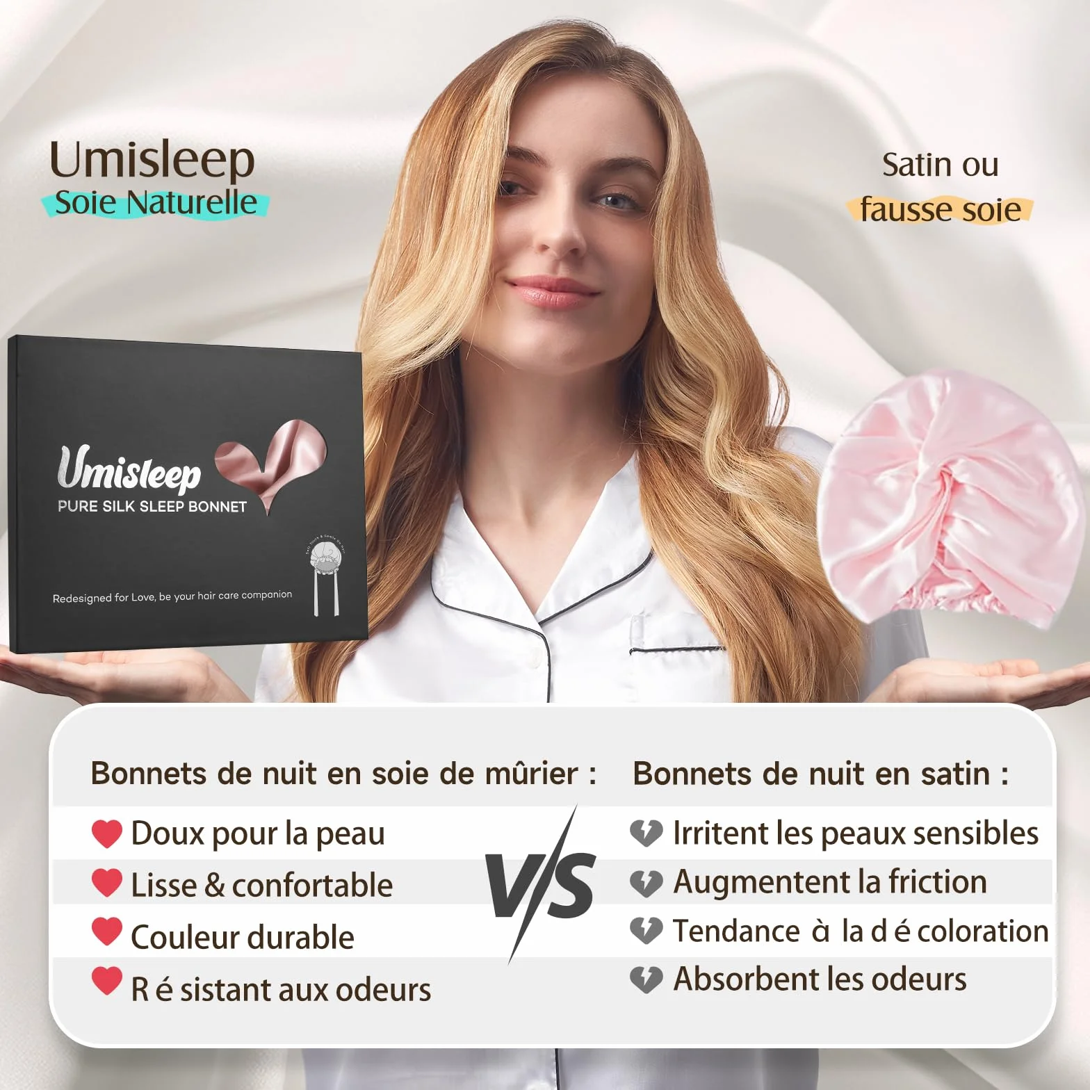 Umisleep Bonnet 100% Soie de mûrier réversible 22 Momme Volants Cheveux bouclés – Doux Respirant Bande réglable Nuit