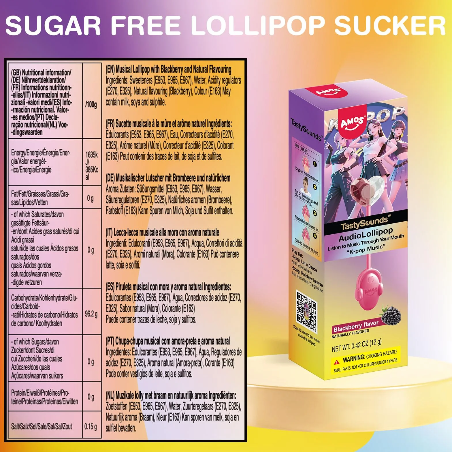 AMOS Musicales Sucette Bonbon Lollipop, Black-berry Mûre Pastèque Audio Sucettes, Saint Valentin Fête Sucettes Gift, Individuel Emballés Bonbon Sans Sucre Candy Parfait Pour Fête