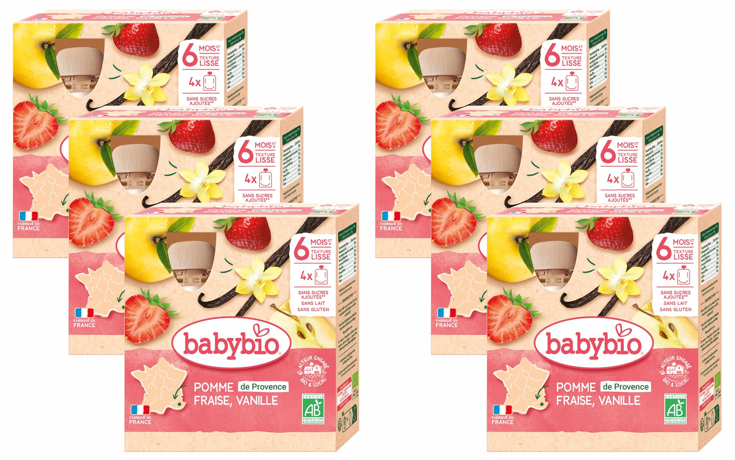 BABYBIO - Gourdes Pomme Fraise Vanille - BIO - 4x90g - Lot de 6