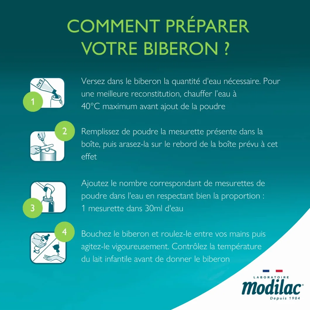 Modilac - Lait Infantile en Poudre Bio 1 - Riche en DHA, Sans Huile de Palme - Convient en Relais de l'Allaitement Maternel - Certifié AB - 1er Age, de 0 à 6 Mois - Lot de 3x800g