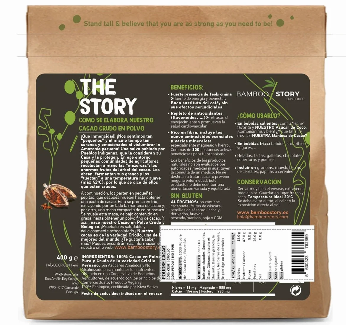 100% CRUE | NOUVEAU | Cacao Poudre | BAMBOO STORY | Biologique | 100% Pérou | Criollo Premium | Great Taste Award | Non Alcalinisé | 400g | Pur | Sans Sucre | Matières Grasses 18%