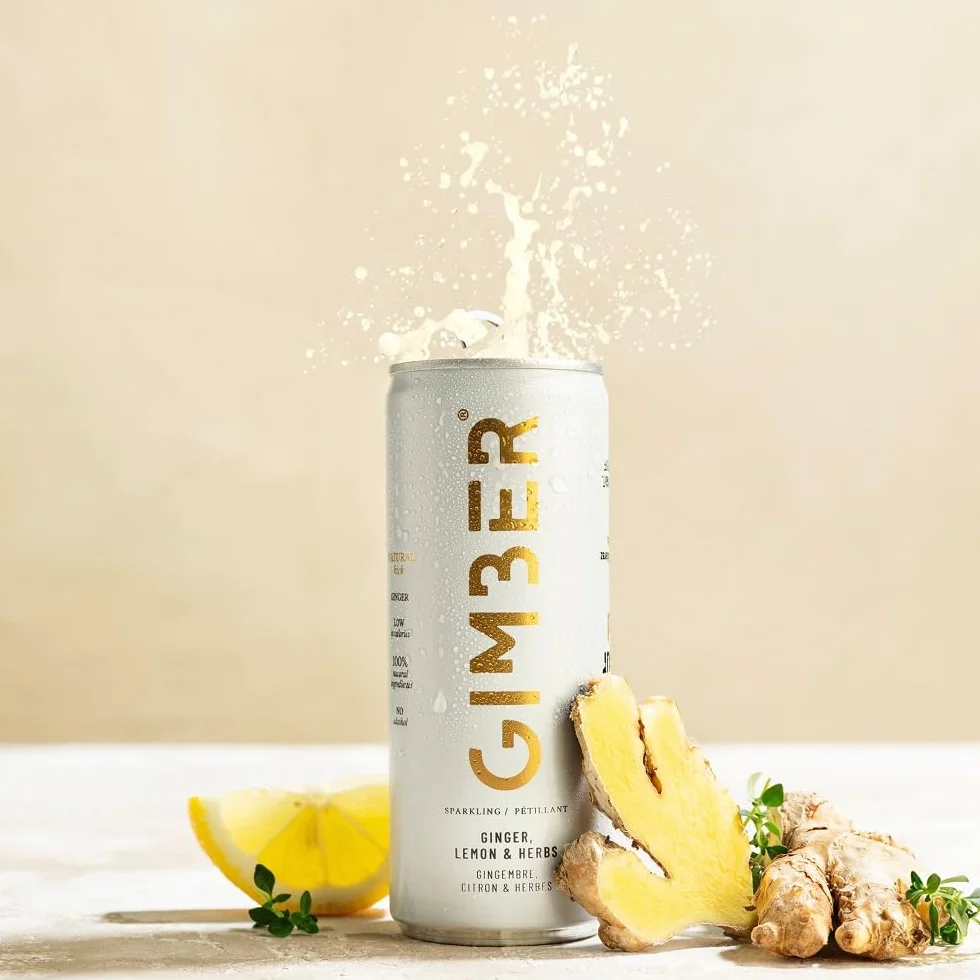 Boisson au gingembre gazeuse GIMBER Original : canettes faible en calories | Lot de 12 | Boisson gazeuse au gingembre, citron et herbes. Boisson sans alcool, vegan et 100% naturelle