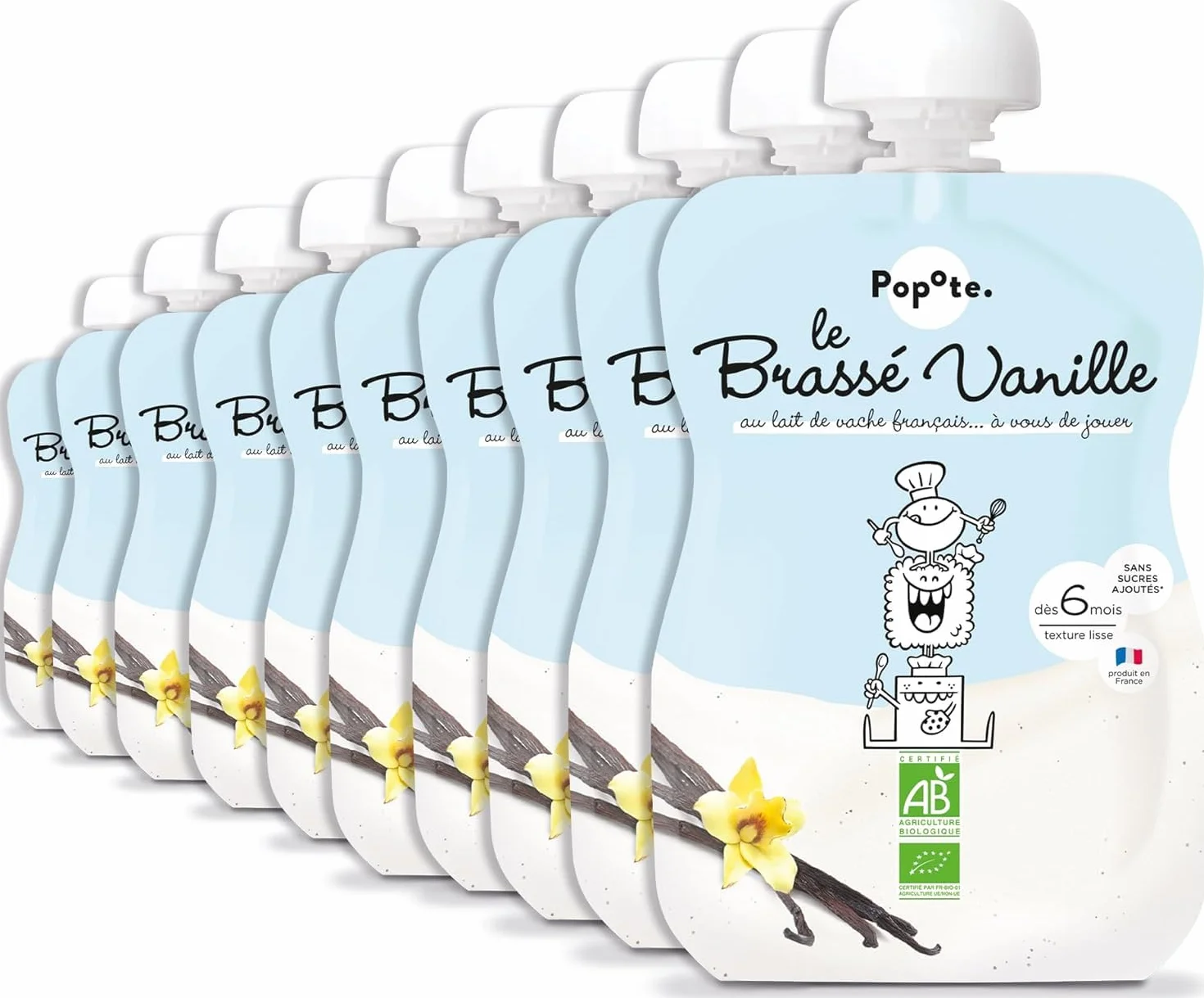 POPOTE - Brassé Vanille Bio Bébé 100 g - Dès 6 Mois - Gourde Individuelle - Texture Onctueuse - Lait de Vache Sans Sucres Ajoutés - Format Pratique à Emporter - Pack Familial 10 x 100 g