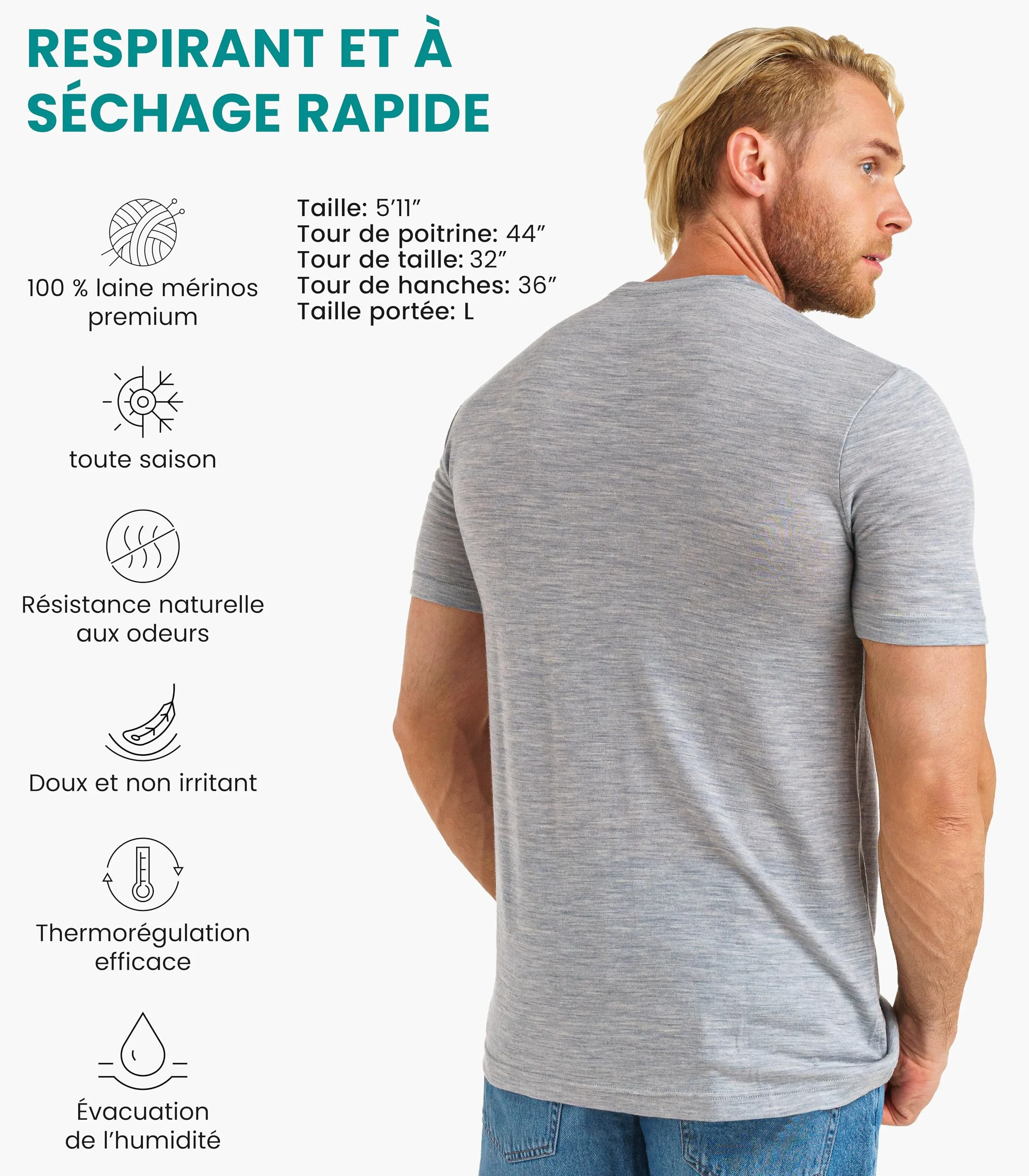 Merino.tech T Shirt Merinos Homme 100% Laine Merinos Lightweight
