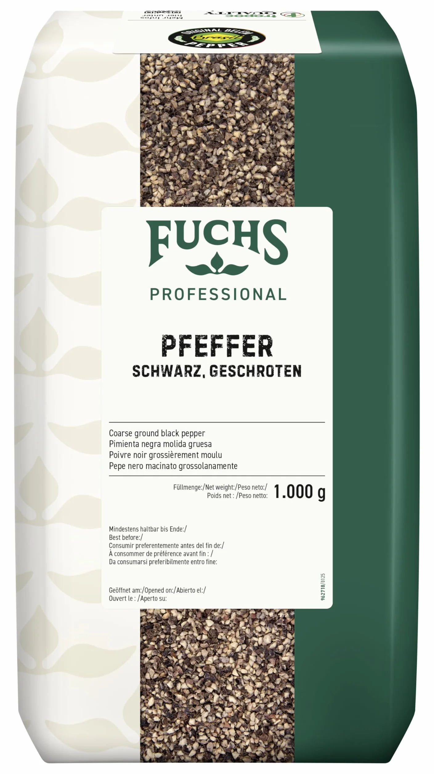 Fuchs Professional - Poivre noir grossièrement moulu | 1 kg dans un sac | Qualité professionnelle pour les gros consommateurs et la gastronomie