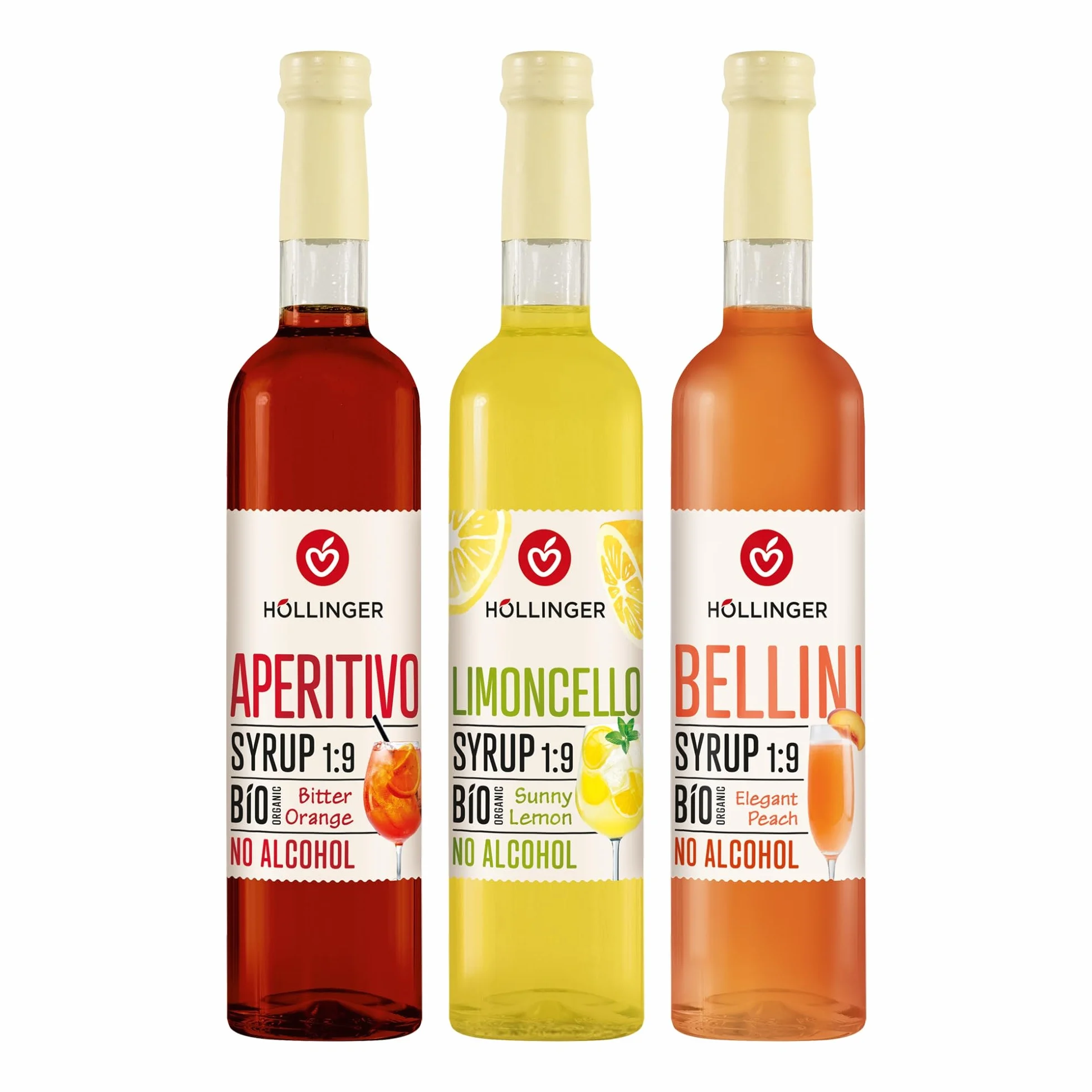 HÖLLINGER Sirops Viva Italia Cocktail Bio Sans Alcool, Pack de 3 Saveurs (Limoncello, Aperitivo, Bellini), 3x500ml, Concentré 1:9