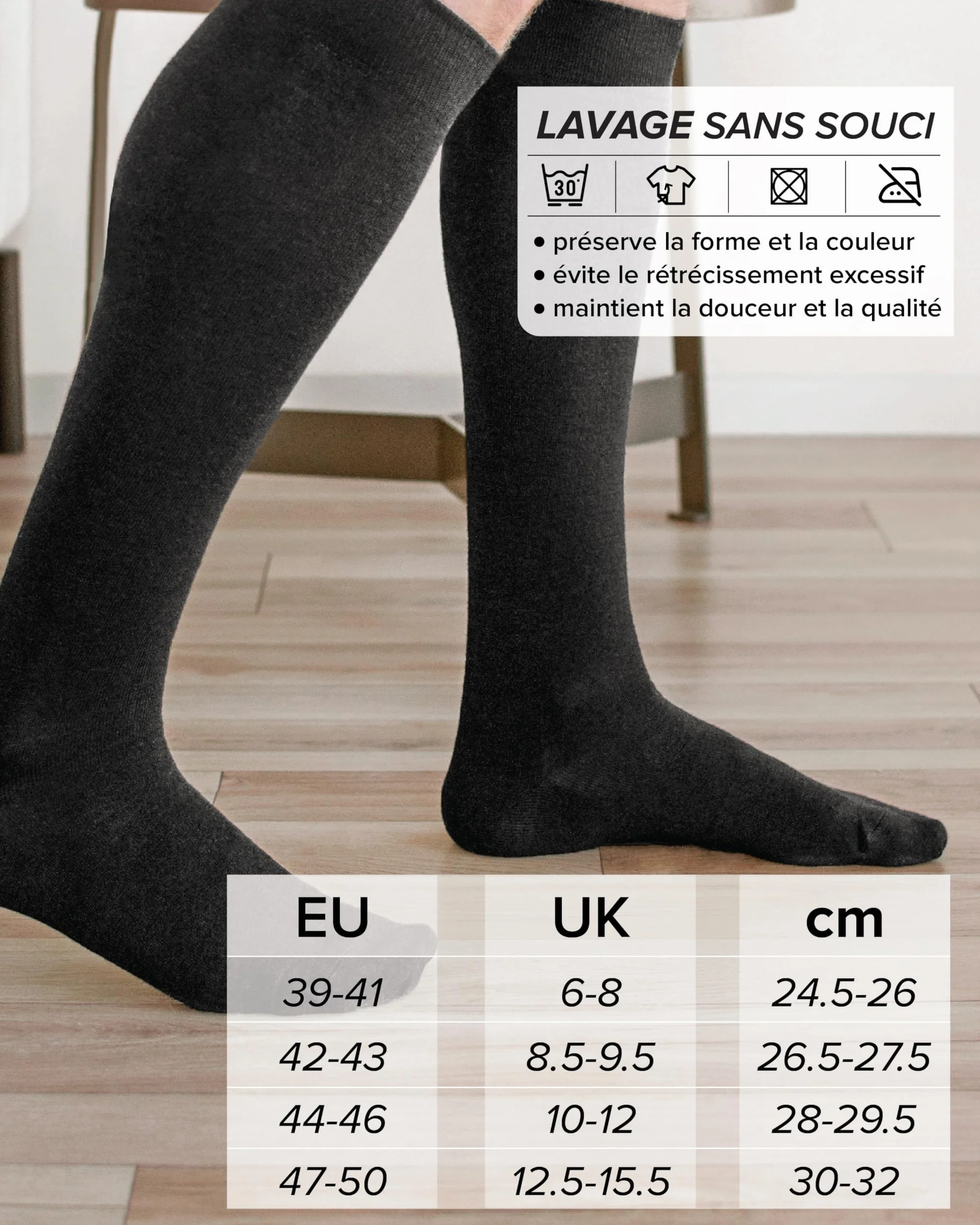 Chaussette haute 80% laine mérinos mi-bas chaud Homme longue montante au genou d'hiver fine respirante