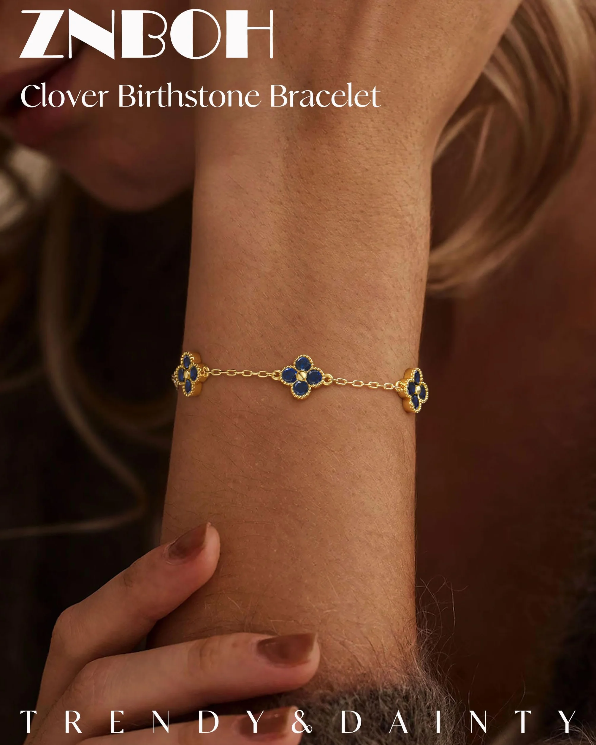 Bracelet Femme Or Trefle 4 Feuilles Pierre de Naissance Reglable Plaqué Or 18 Carats Zircon Saphir Marine Chaîne Amitié