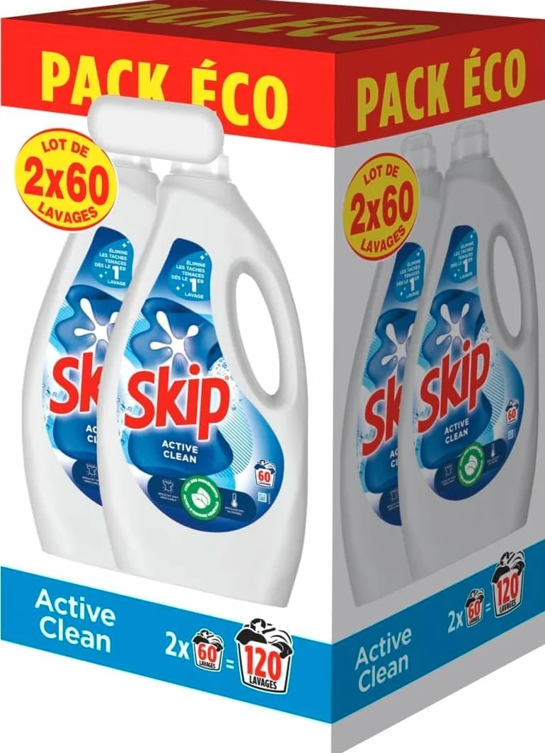 Skip - Lessive Liquide Active Clean - Propreté Impeccable - Fraîcheur Longue Durée - Détache les vêtements tout en respectant fibres et couleurs - 2x60 Lavages