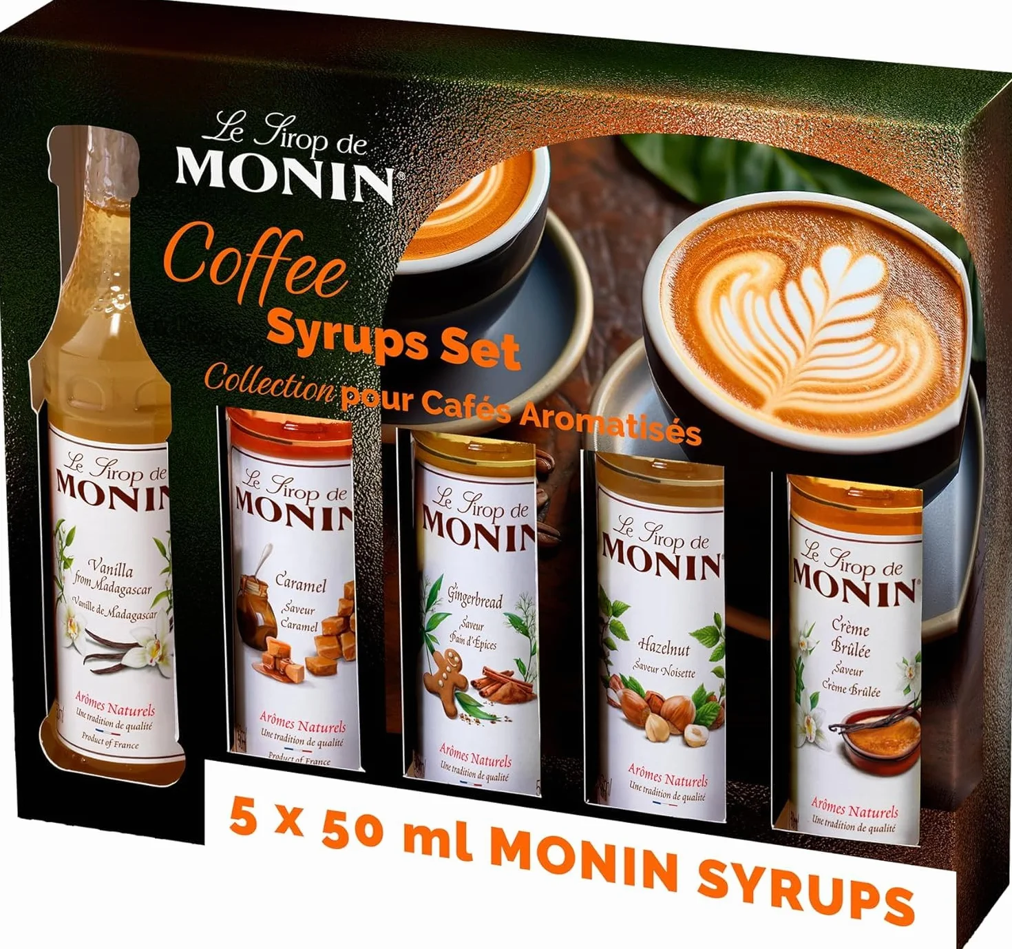 MONIN - Coffret 5*5 cl pour Boissons Chaudes - Caramel, Amaretto, Noisette Grillée, Pain d'Épices et Vanille - 5x5cl