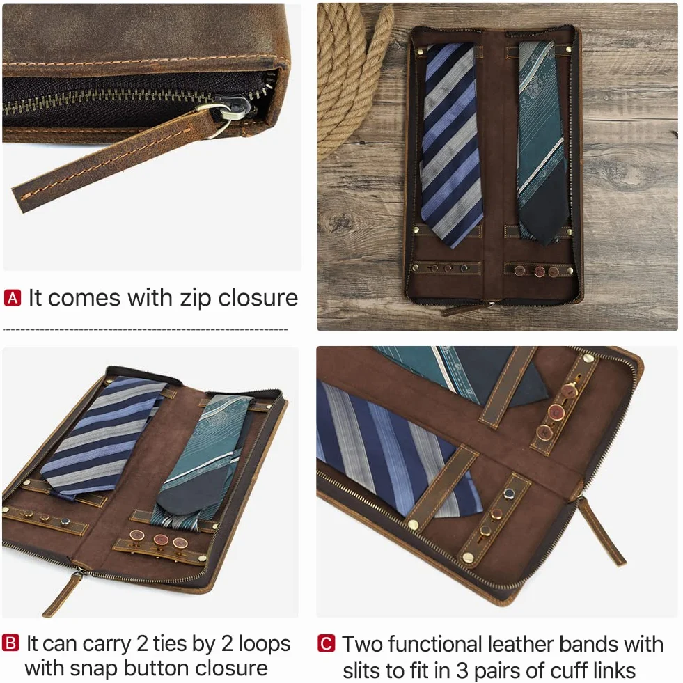 Hiram Étui à cravate en cuir véritable Portable Pour 2 cravates Voyageurs d'affaires
