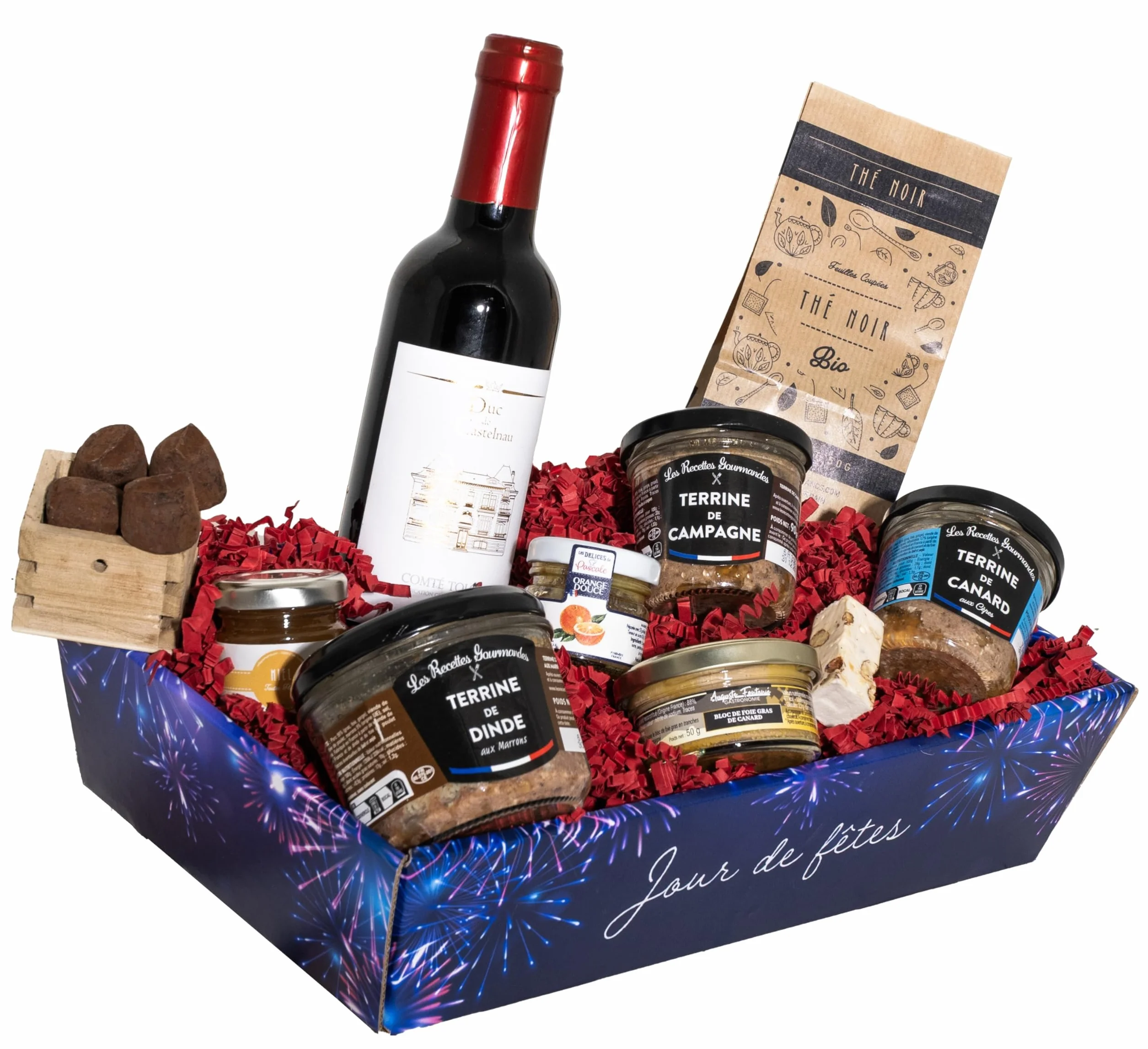 COLIS GOURMANDS Panier Garni Coffret Gourmand Joséphine à Offrir pour Cadeau Fête des Mères, Fête des Pères, Anniversaire, Noël, Retraite avec Vin Rouge, Foie Gras, Terrine, Miel, Chocolat, Thé